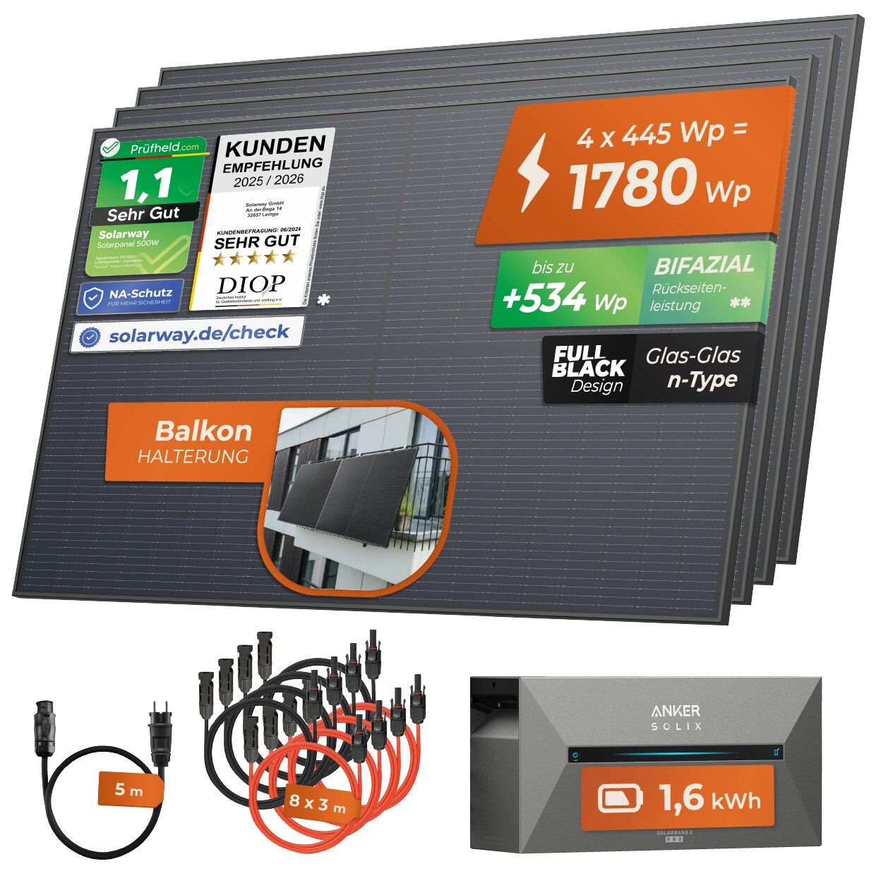 1780W + Anker 2 PRO ® All In One Balkonkraftwerk mit Speicher 1780W komplett Steckdose - 1,6 kWh Anker Solix 2 PRO Speicher - Solaranlage Komplettset - 445W bifaziale Solarmodule & Anker Speicher & Zubehör