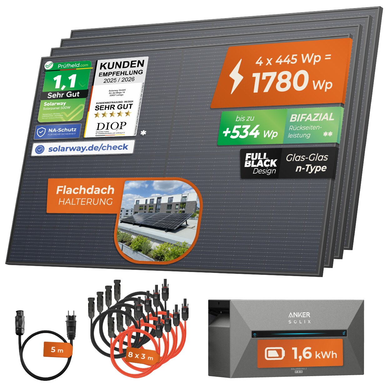 1780W + Anker 2 PRO ® All In One Balkonkraftwerk mit Speicher 1780W komplett Steckdose - 1,6 kWh Anker Solix 2 PRO Speicher - Solaranlage Komplettset - 445W bifaziale Solarmodule & Anker Speicher & Zubehör