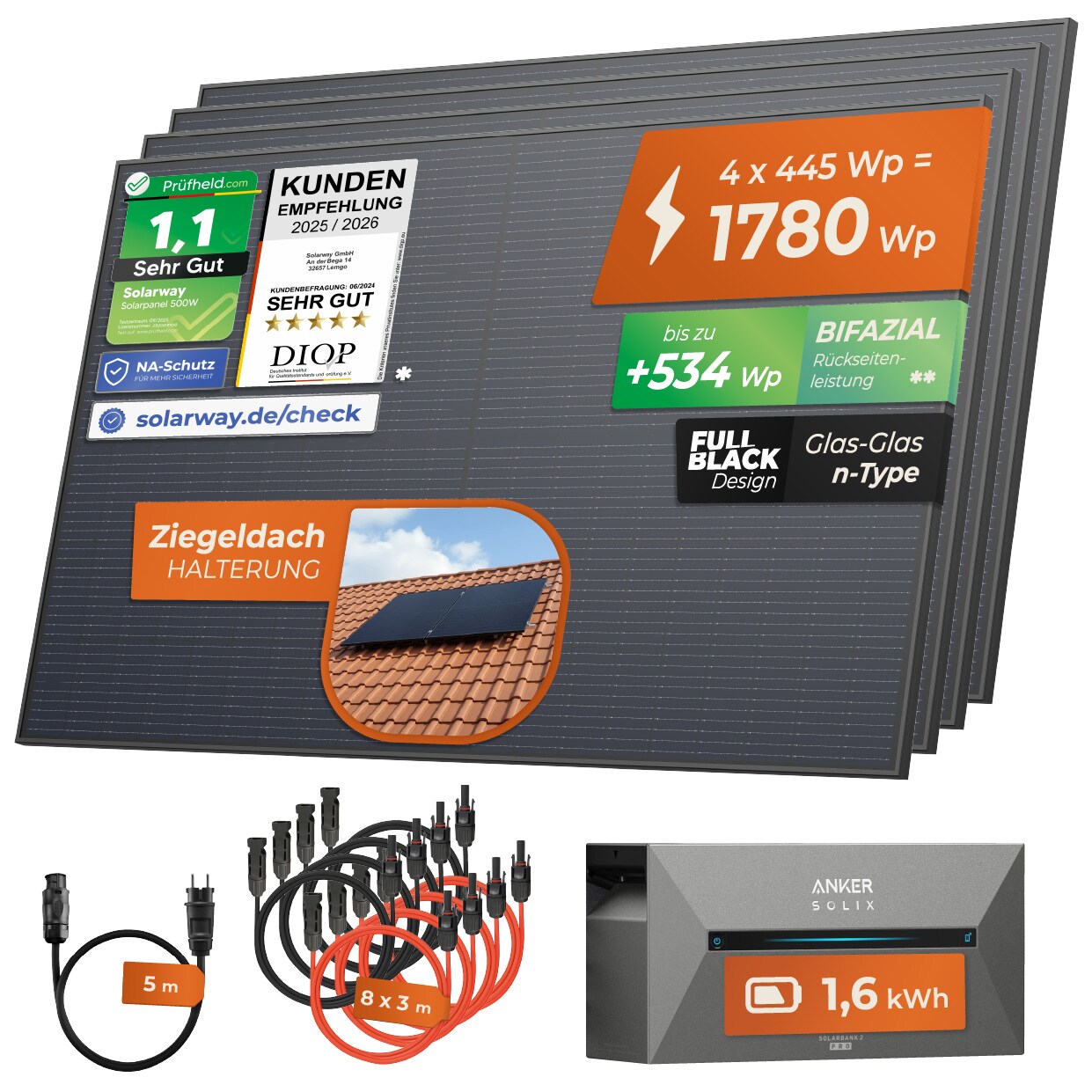 1780W + Anker 2 PRO ® All In One Balkonkraftwerk mit Speicher 1780W komplett Steckdose - 1,6 kWh Anker Solix 2 PRO Speicher - Solaranlage Komplettset - 445W bifaziale Solarmodule & Anker Speicher & Zubehör