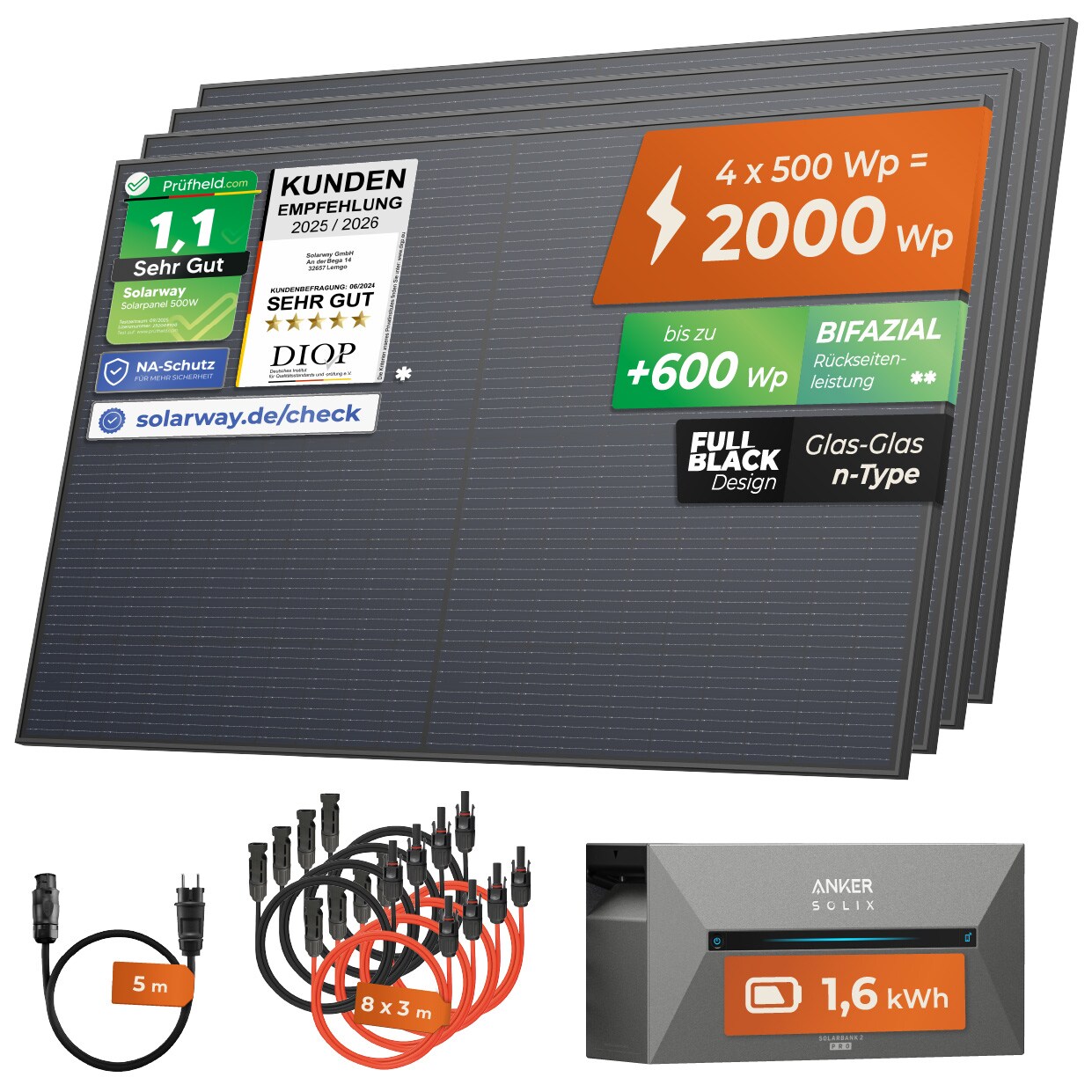 2000W + Anker 2 PRO ® All In One Balkonkraftwerk mit Speicher 2000W komplett Steckdose - 1,6 kWh Anker Solix 2 PRO Speicher - Solaranlage Komplettset - 500W bifaziale Solarmodule & Anker Speicher & Zubehör