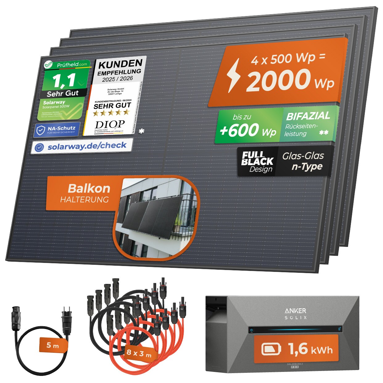 2000W + Anker 2 PRO ® All In One Balkonkraftwerk mit Speicher 2000W komplett Steckdose - 1,6 kWh Anker Solix 2 PRO Speicher - Solaranlage Komplettset - 500W bifaziale Solarmodule & Anker Speicher & Zubehör