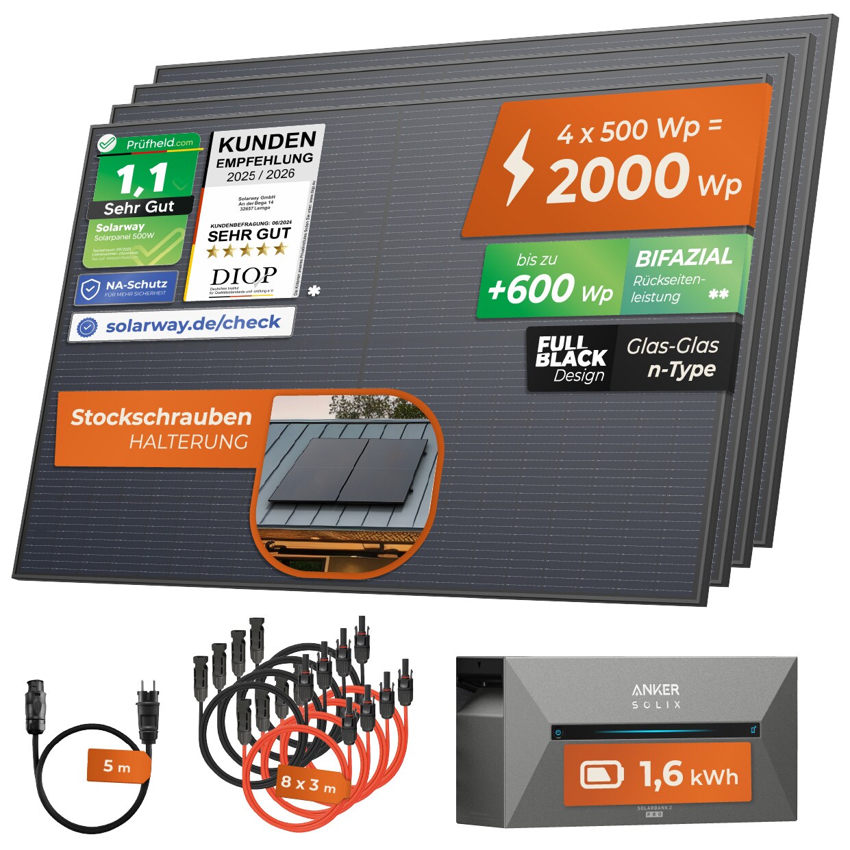 2000W + Anker 2 PRO ® All In One Balkonkraftwerk mit Speicher 2000W komplett Steckdose - 1,6 kWh Anker Solix 2 PRO Speicher - Solaranlage Komplettset - 500W bifaziale Solarmodule & Anker Speicher & Zubehör