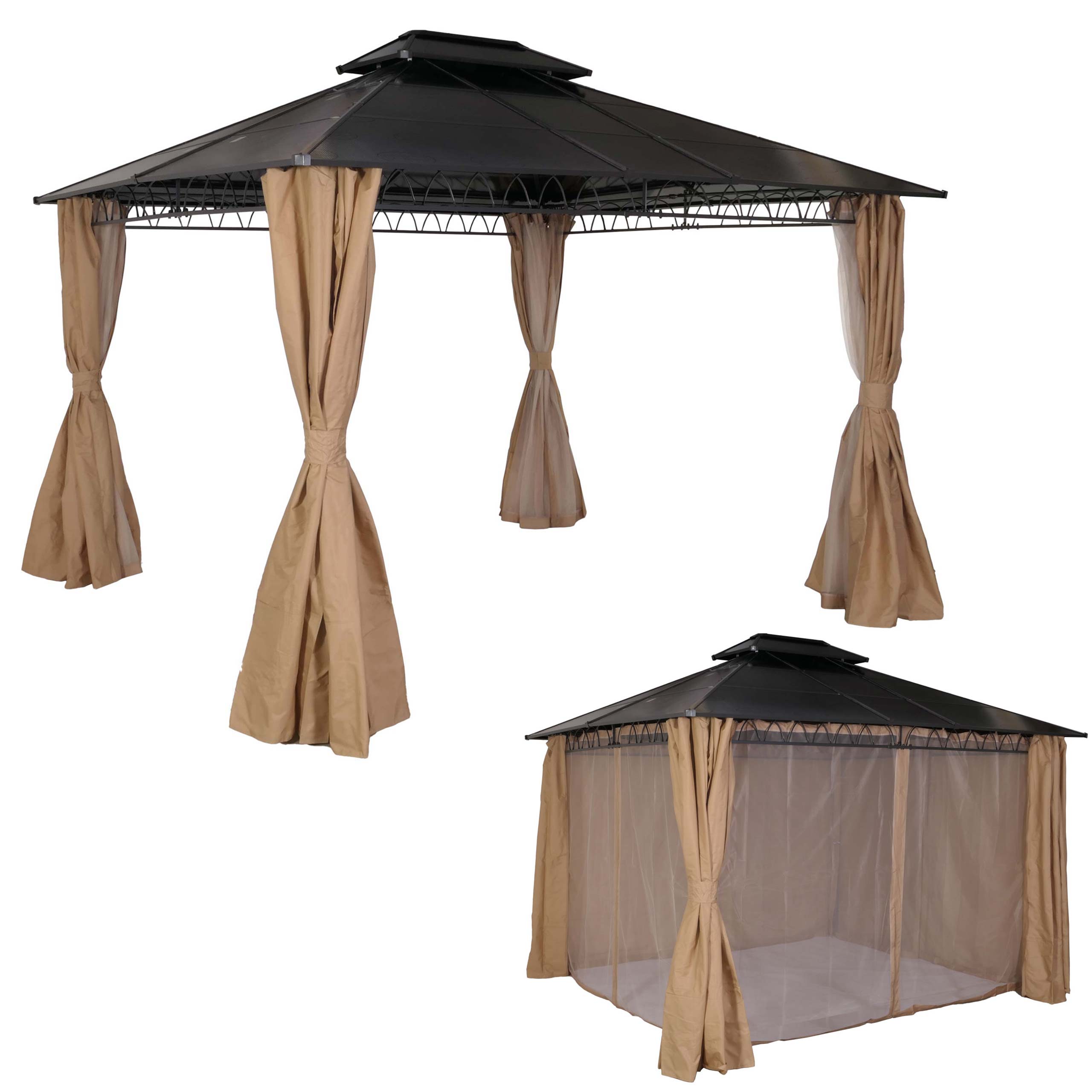 Hardtop Pergola MCW-M81, Pavillon, Aluminium Dachstreben 7cm-Stahlgestell mit Seitenwand und Moskitonetz 3,6x3m ~ creme 