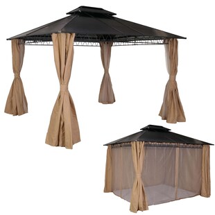 Hardtop Pergola MCW-M81, Pavillon, Aluminium Dachstreben 7cm-Stahlgestell mit Seitenwand und Moskitonetz 3,6x3m ~ creme 