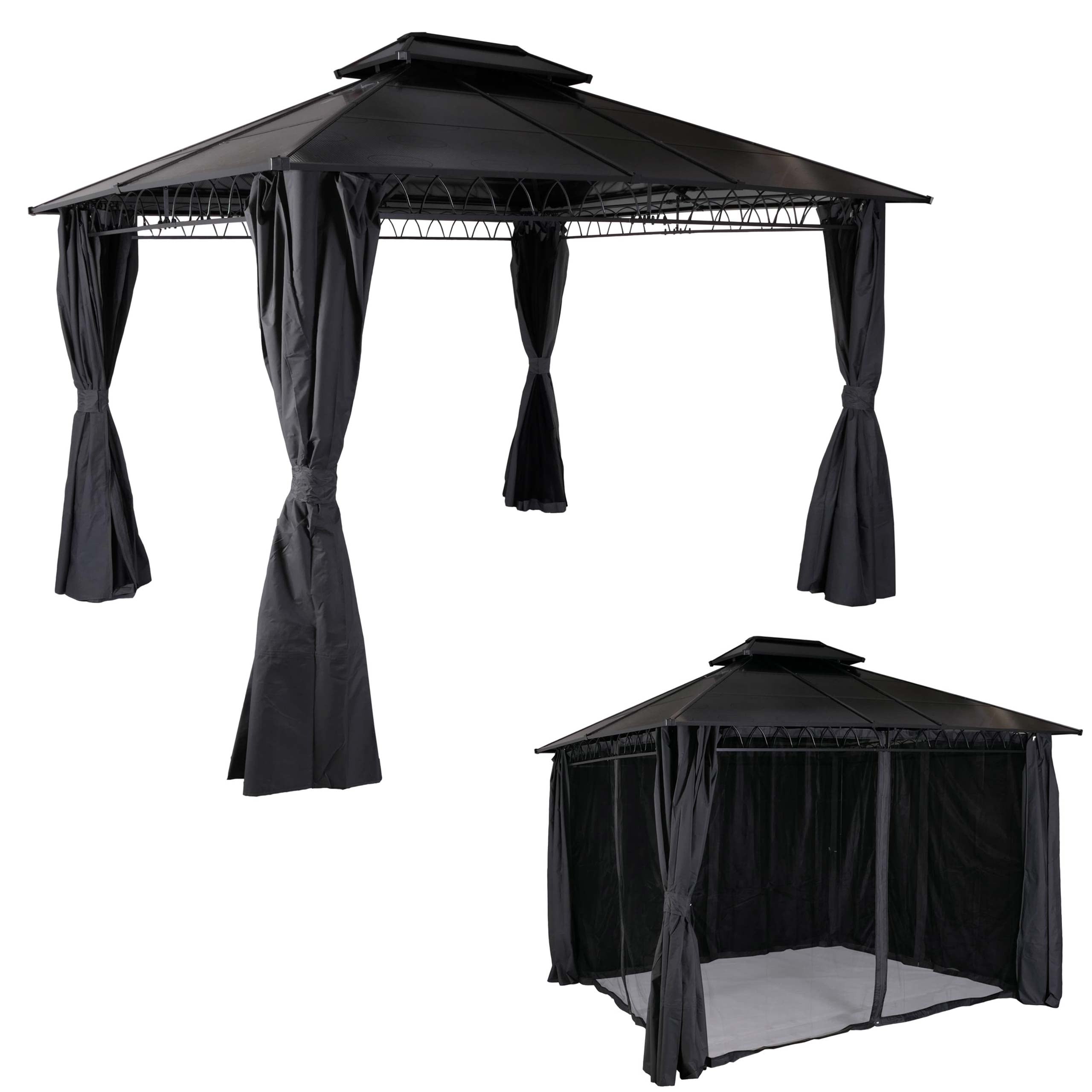 Hardtop Pergola MCW-M81, Pavillon, Aluminium Dachstreben 7cm-Stahlgestell mit Seitenwand und Moskitonetz 3,6x3m ~ grau 