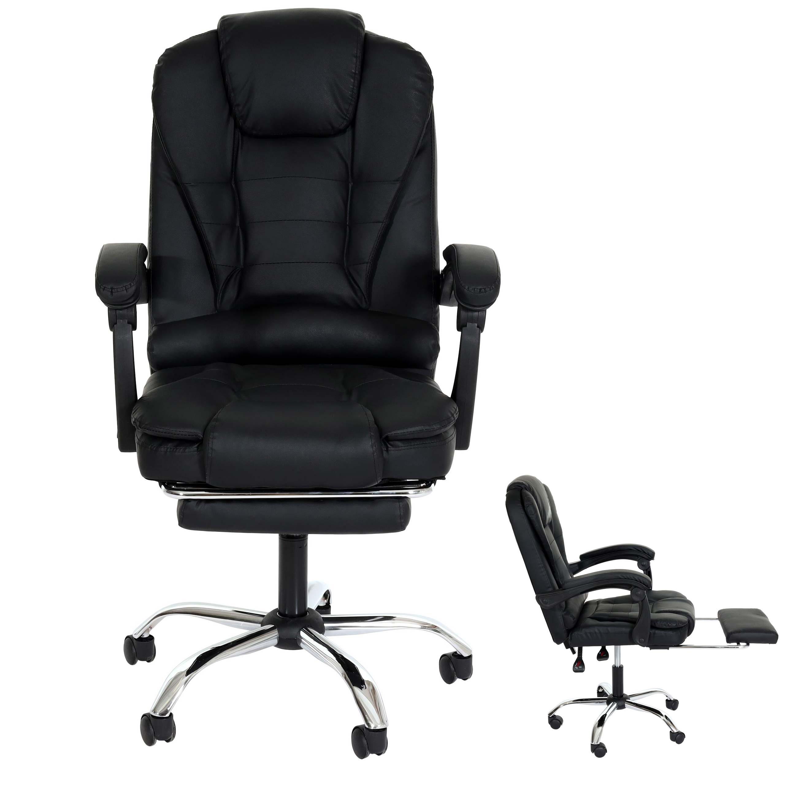B&uuml;rostuhl MCW-M80, Schreibtischstuhl Drehstuhl Chefsessel, ausziehbare Fu&szlig;st&uuml;tze Kunstleder silbernes Fu&szlig;kreuz ~ schwarz 