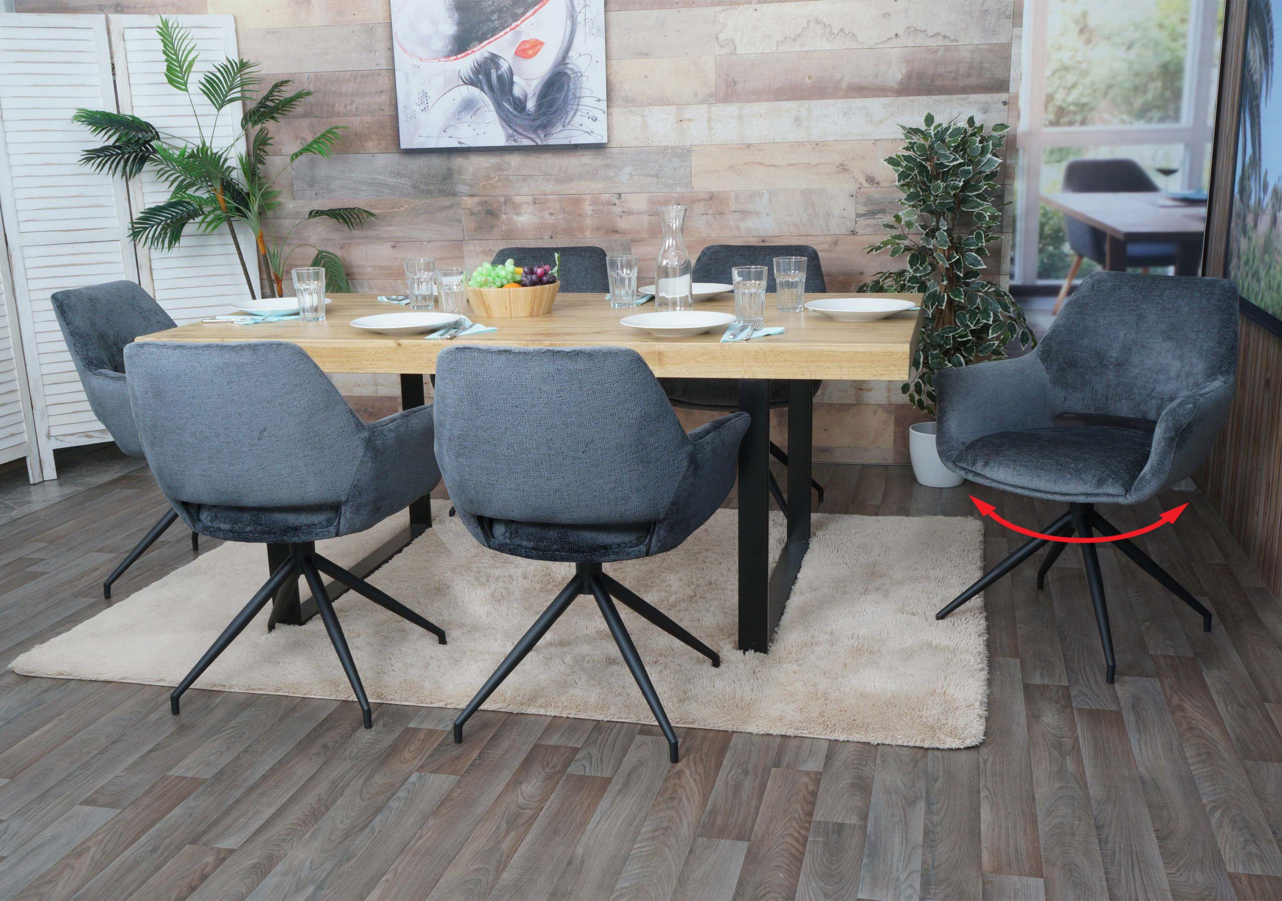 6er-Set Esszimmerstuhl MCW-M53, K&uuml;chenstuhl Stuhl mit Armlehne, drehbar Auto-Position, Metall Stoff MVG ~ dunkelgrau 