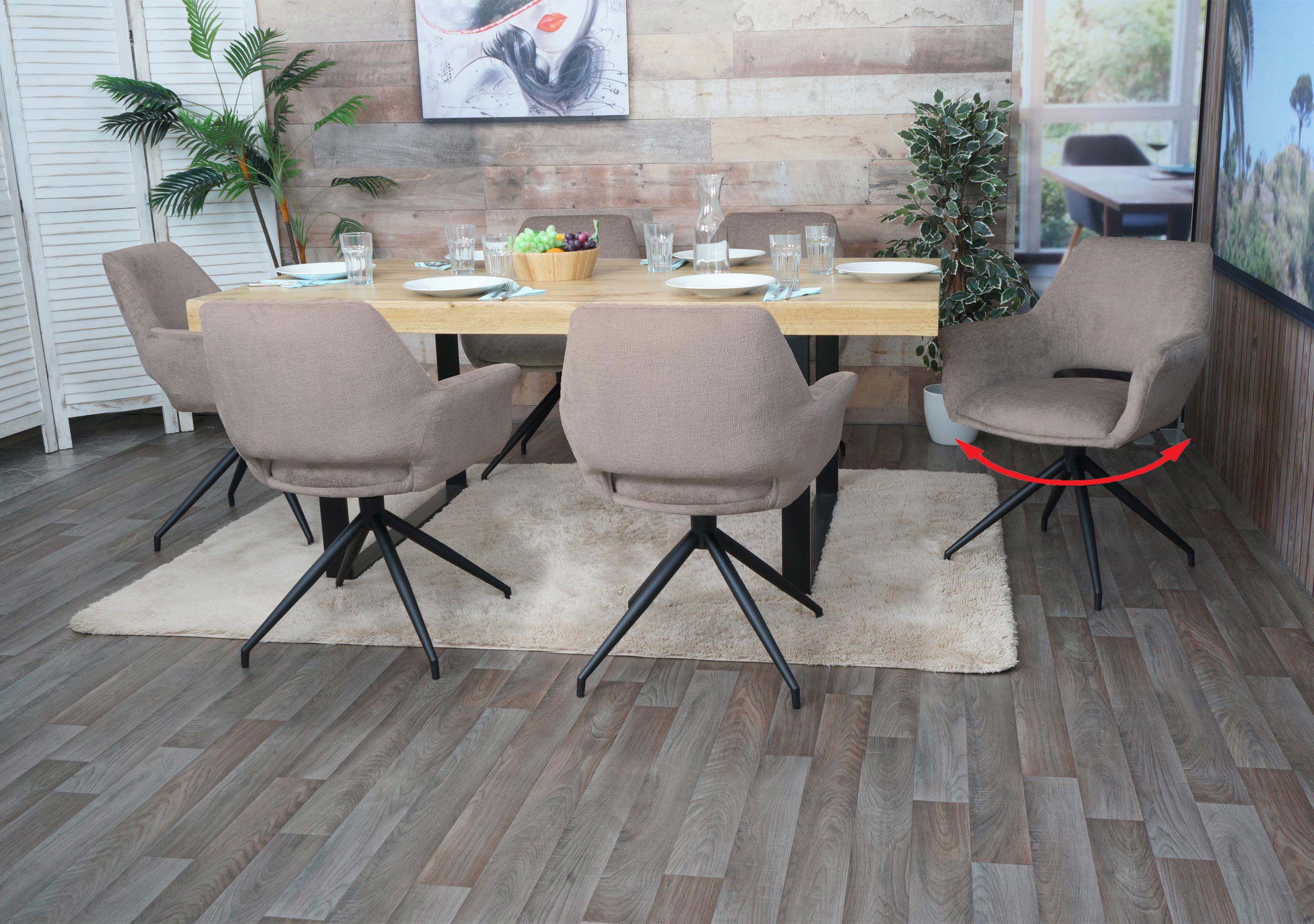 6er-Set Esszimmerstuhl MCW-M53, K&uuml;chenstuhl Stuhl mit Armlehne, drehbar Auto-Position, Metall Stoff MVG ~ taupe 