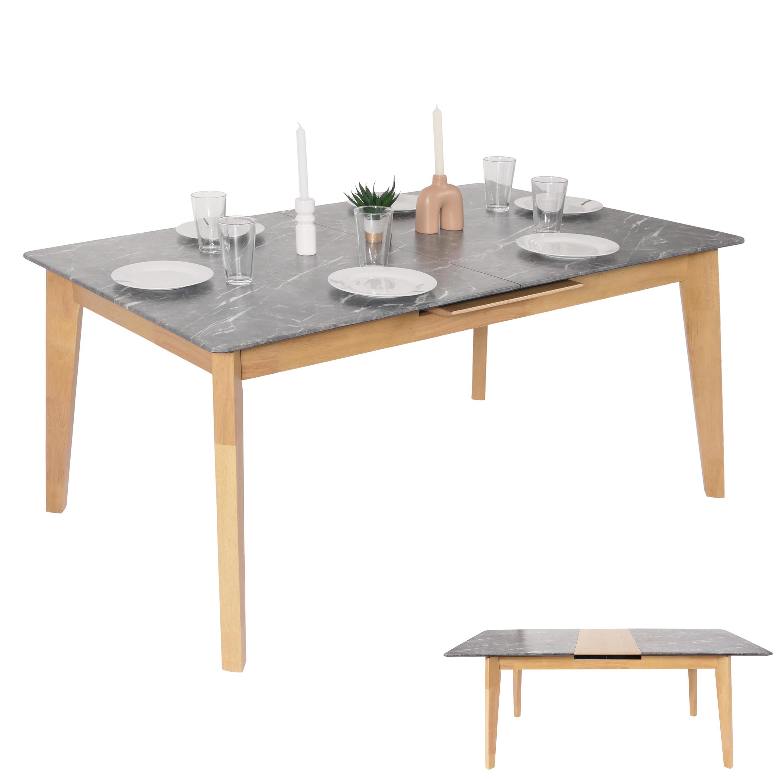 Esszimmertisch MCW-M57, Esstisch, Massiv-Holz Laminat Melamin 160-200x90cm, ausziehbar Marmor/Stein-Optik, helle Beine 