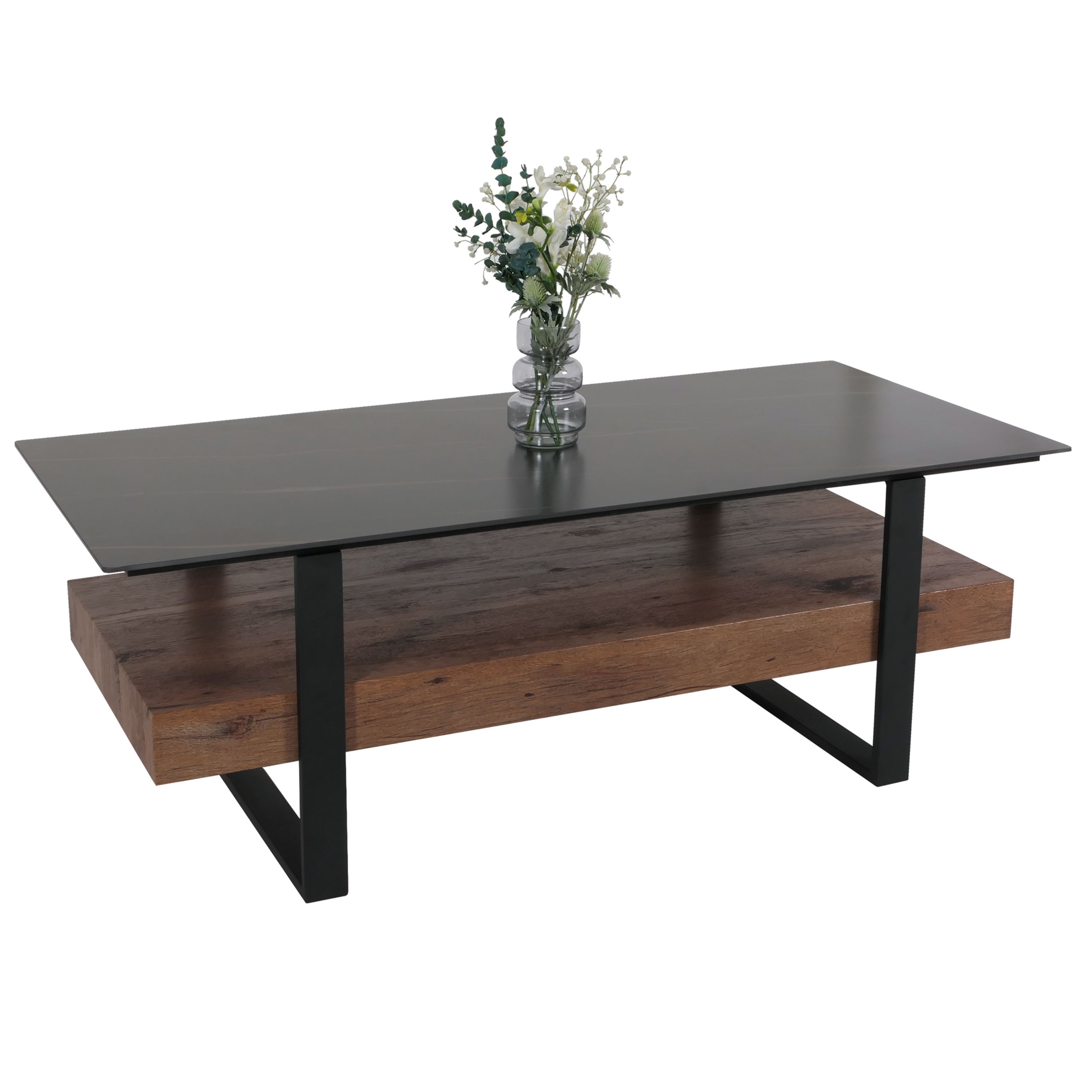 Couchtisch MCW-L88, Wohnzimmertisch Tisch, Ablage Eisen 43x120x60cm Sinterstein Marmor-Optik schwarz Holz dunkelbraun 