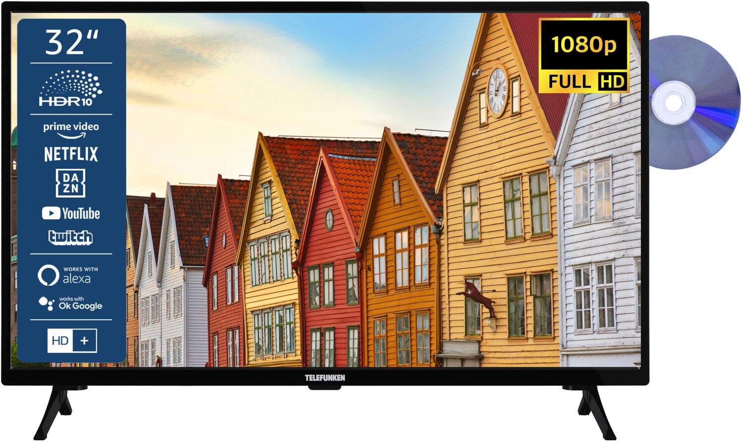 Telefunken XF32SN550SD 32 Zoll Fernseher/Smart TV (Full HD, HDR, Triple-Tuner, DVD-Player) - Inkl. 6 Monate HD+ 