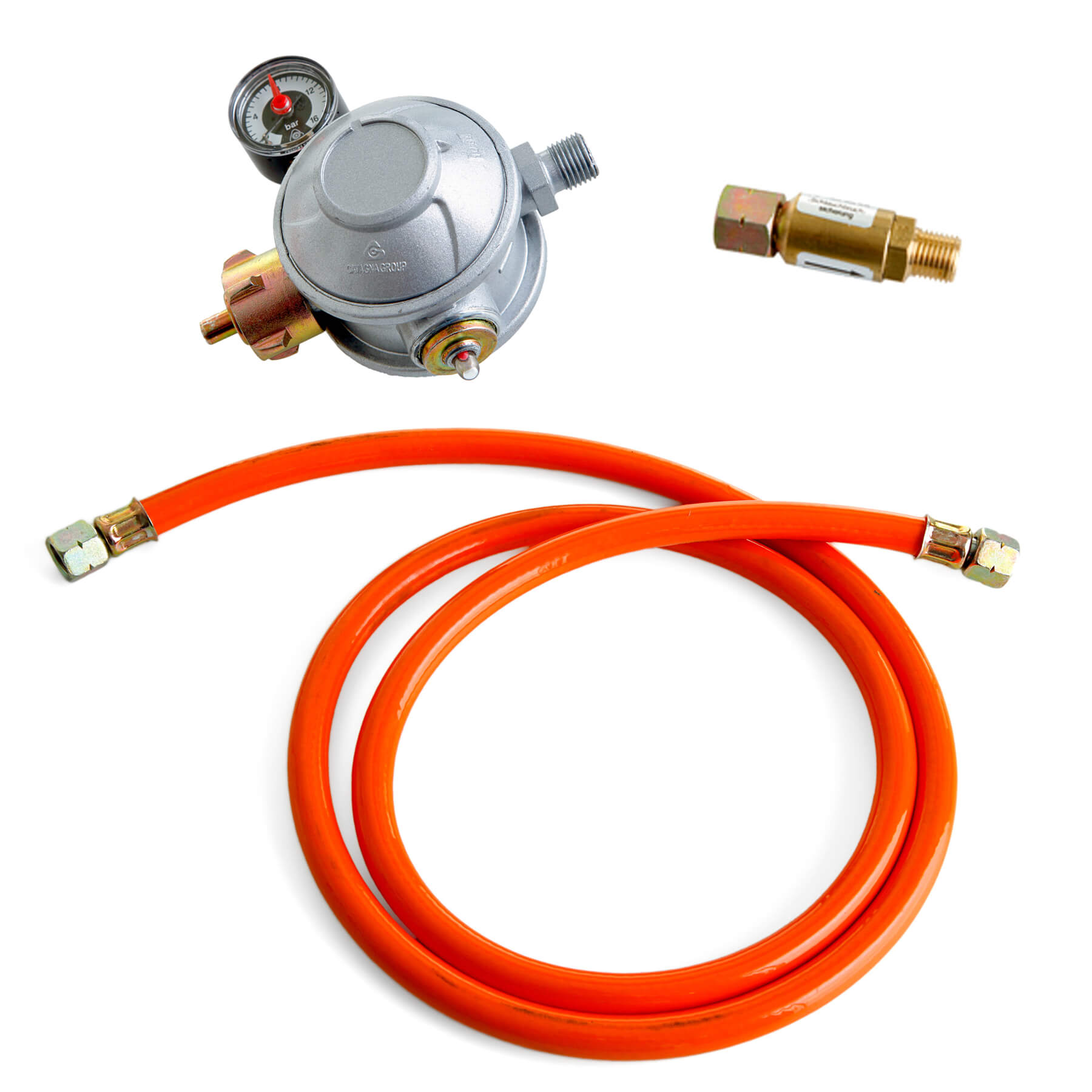 Gastro-Anschlusspaket: Schlauchbruchsicherung, Gasschlauch 1,5m, Gastrodoppeldruckregler 30 mbar 