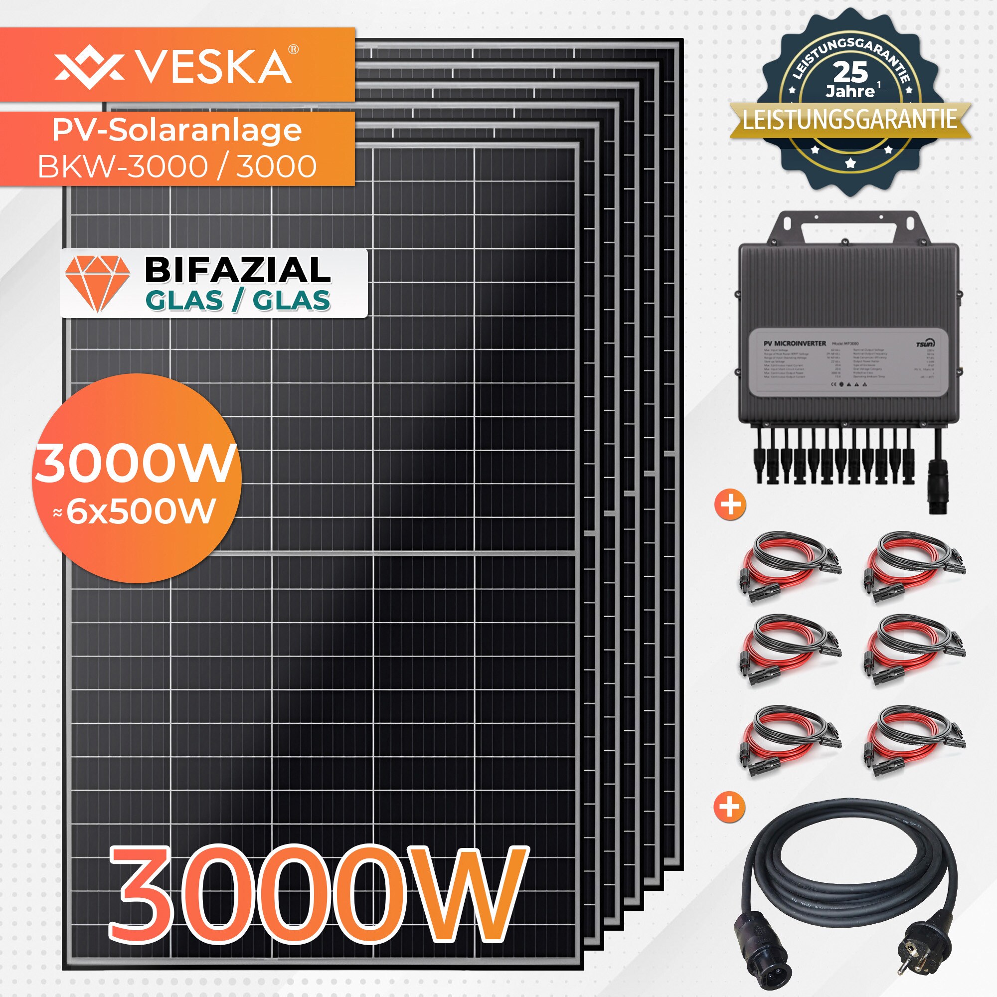 Veska Solaranlage 3000 W Photovoltaik Balkonkraftwerk Bifazial WiFi Smarte PV Anlage 3000 Watt 