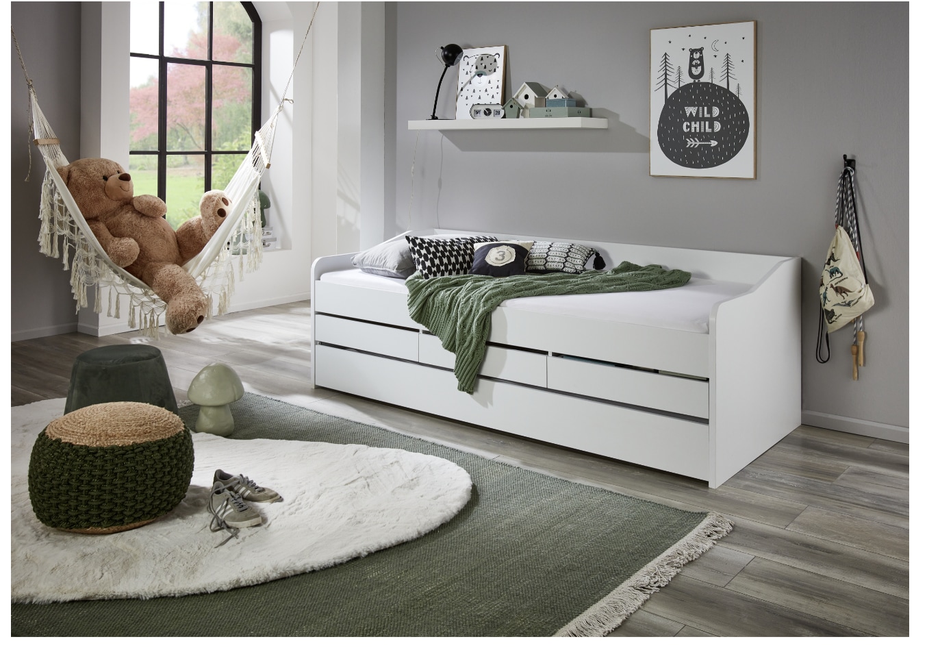 Relita - Funktionsbett Jill 90x200 ohne Lattenrost, 3 Schubladen u. Bettschublade Spanplatte wei&szlig; 