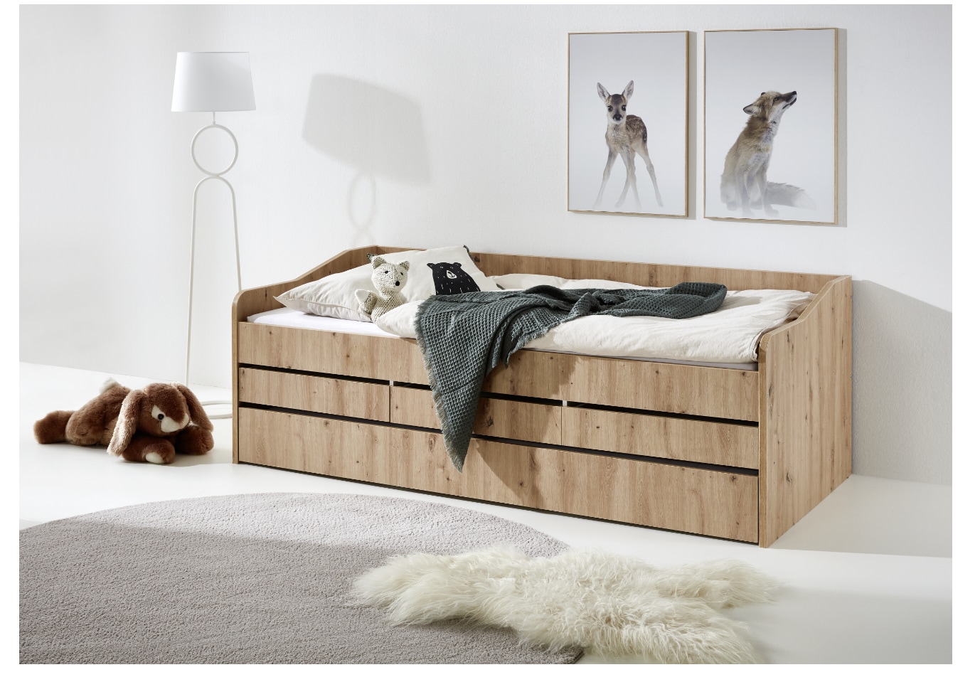 Relita - Funktionsbett Jill 90x200 ohne Lattenrost, 3 Schubladen u. Bettschublade Spanplatte Eiche Artisan Dekor 