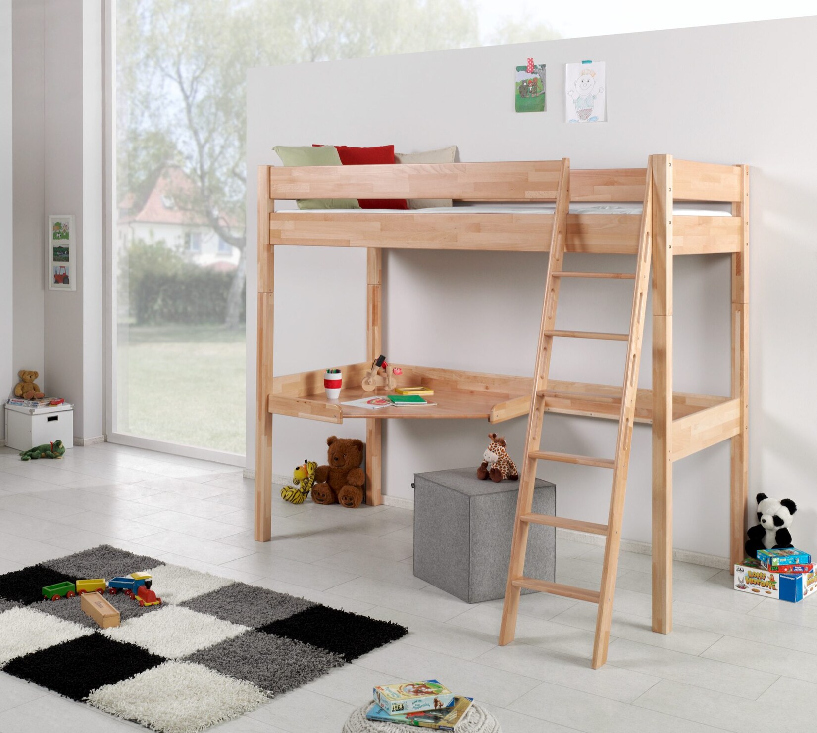 Relita - Hochbett RENATE Buche massiv natur lackiert, mit Schreibtisch