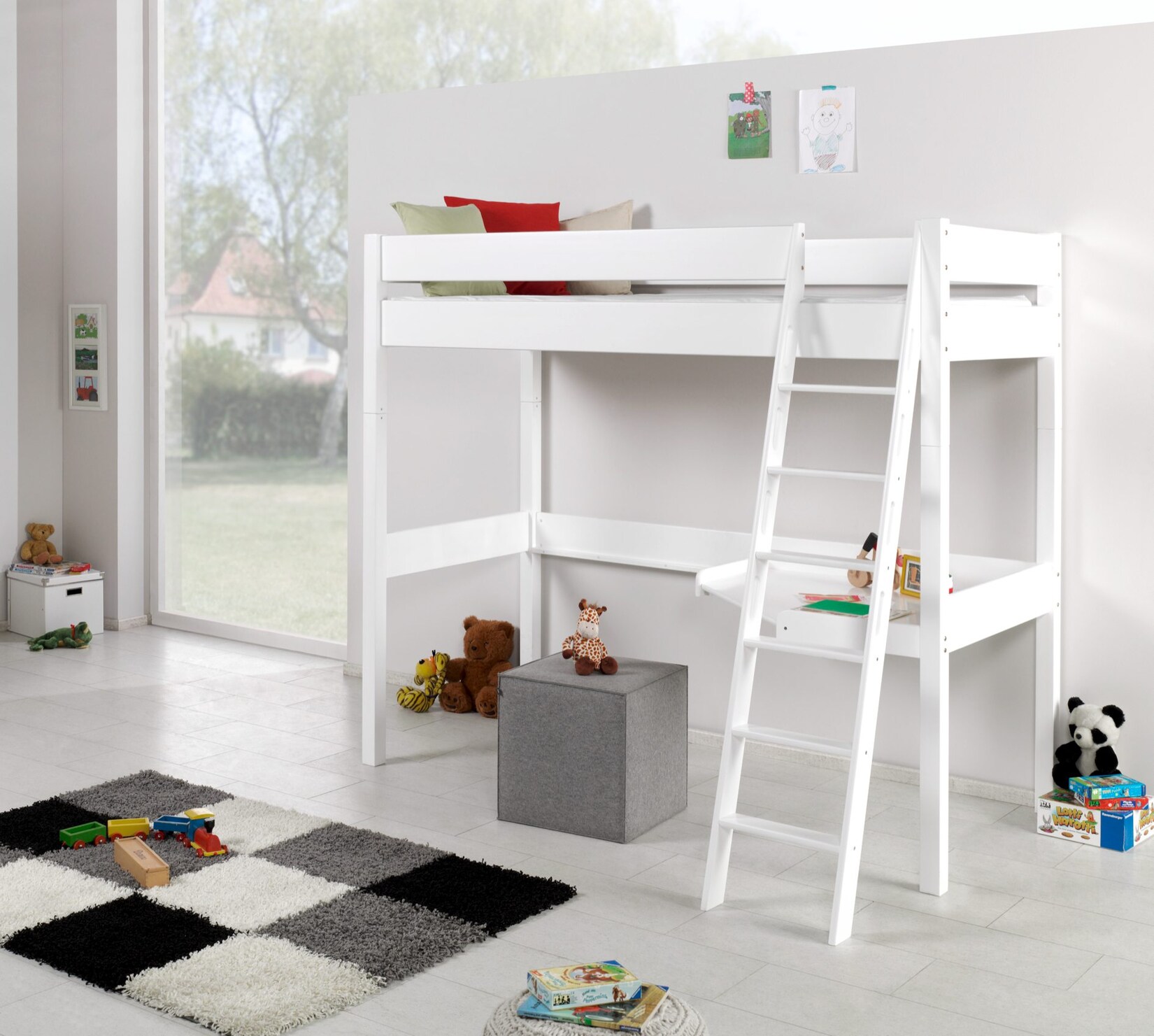 Relita - Hochbett RENATE Buche massiv weiß lackiert, mit Schreibtisch