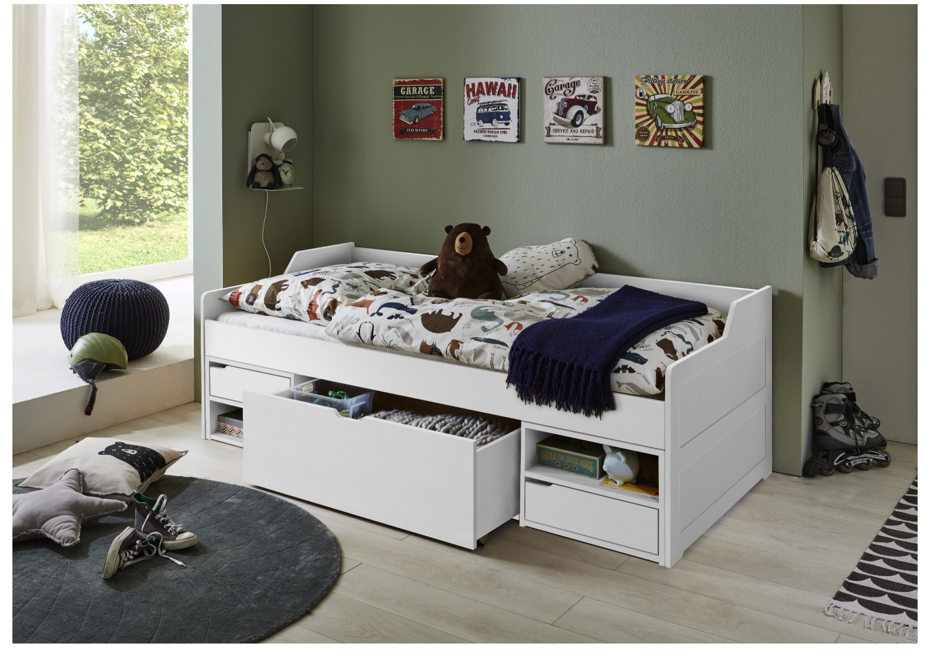 Relita Kojenbett LEVI 90x200 Buche massiv weiss lackiert, inkl. Rollrost, 2 kleine Schubladen, 2 offene F&auml;cher, 1 gro&szlig;e Schublade 