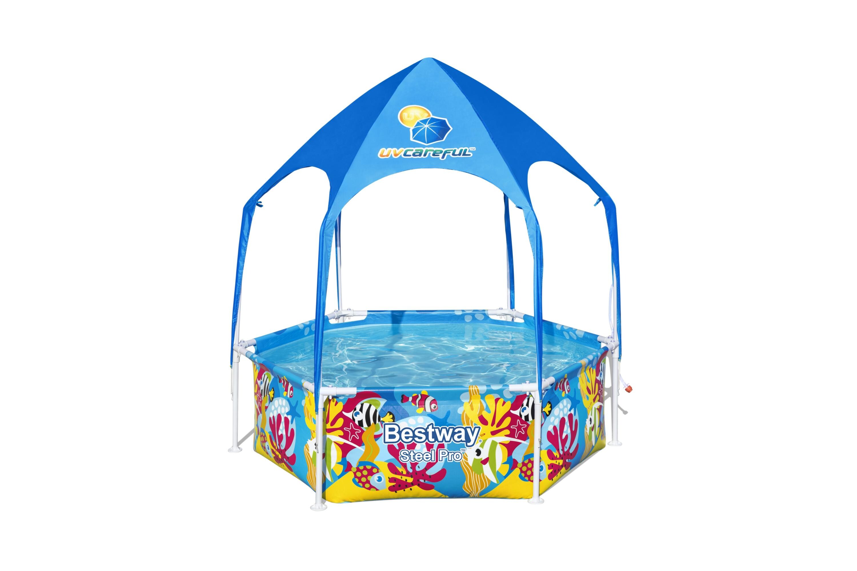 Bestway&reg; Steel Pro&trade; Frame Pool mit Sonnenschutzdach "Splash-in-Shade" ohne Pumpe &Oslash; 183 x 51 cm, buntes Unterwasser-Design, rund 
