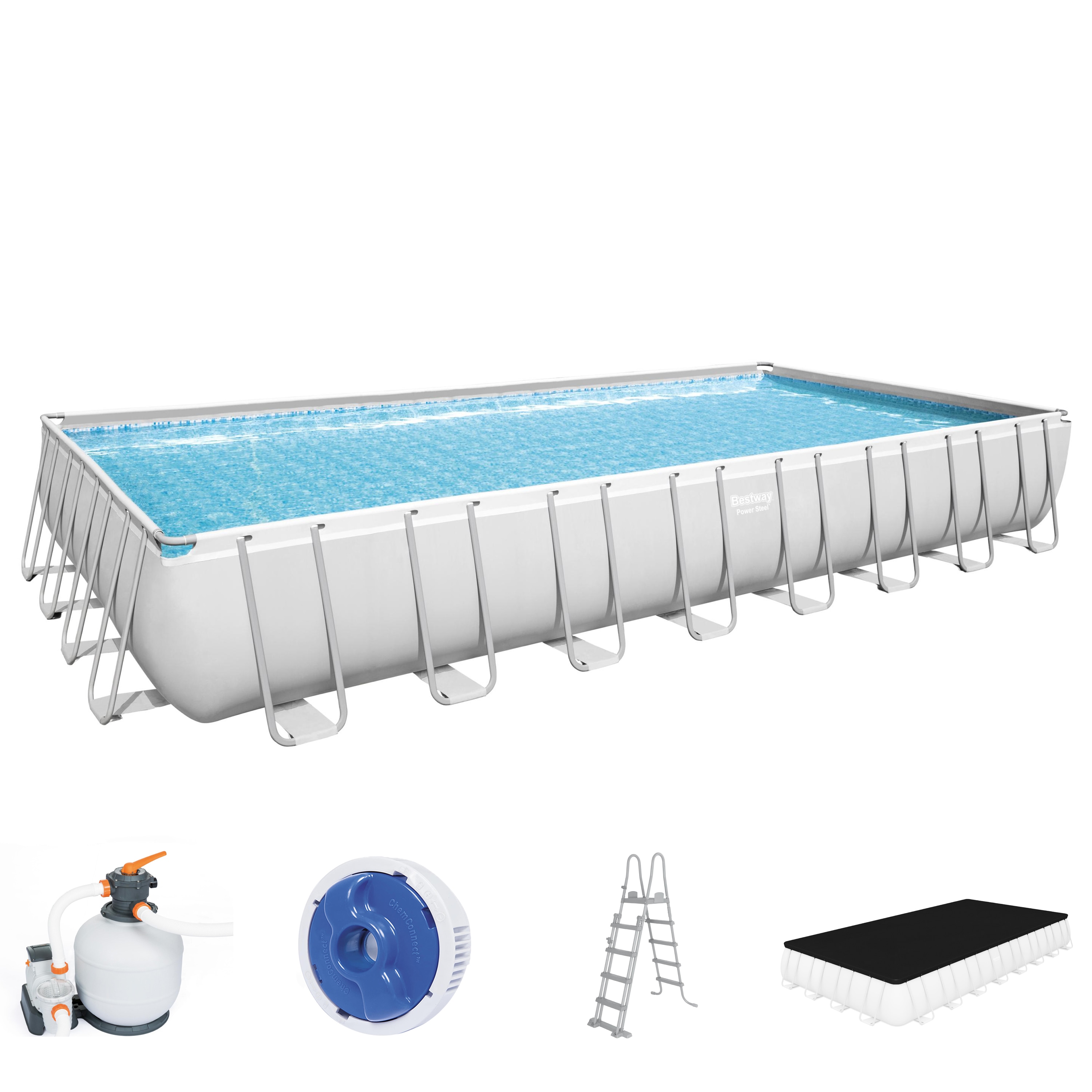 Bestway&reg; Power Steel&trade; Frame Pool Komplett-Set mit Sandfilteranlage 956 x 488 x 132 cm, lichtgrau, eckig 