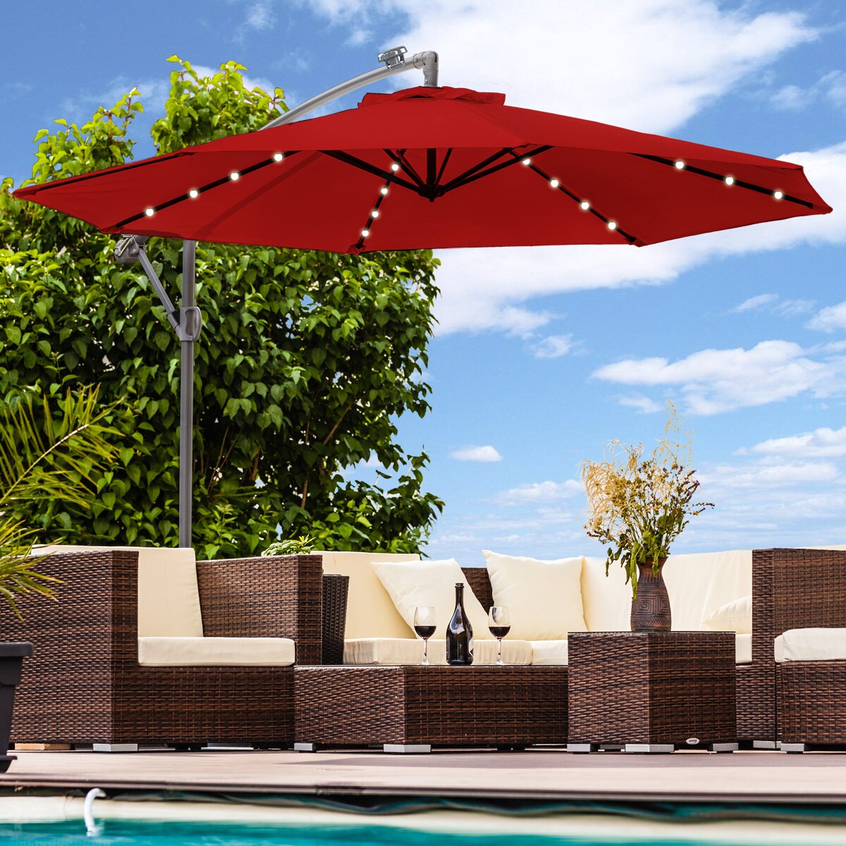 Luxus Sonnenschirm mit LED Beleuchtung Ampelschirm 300cm Solar Garten Schirm Pavillon in Rot