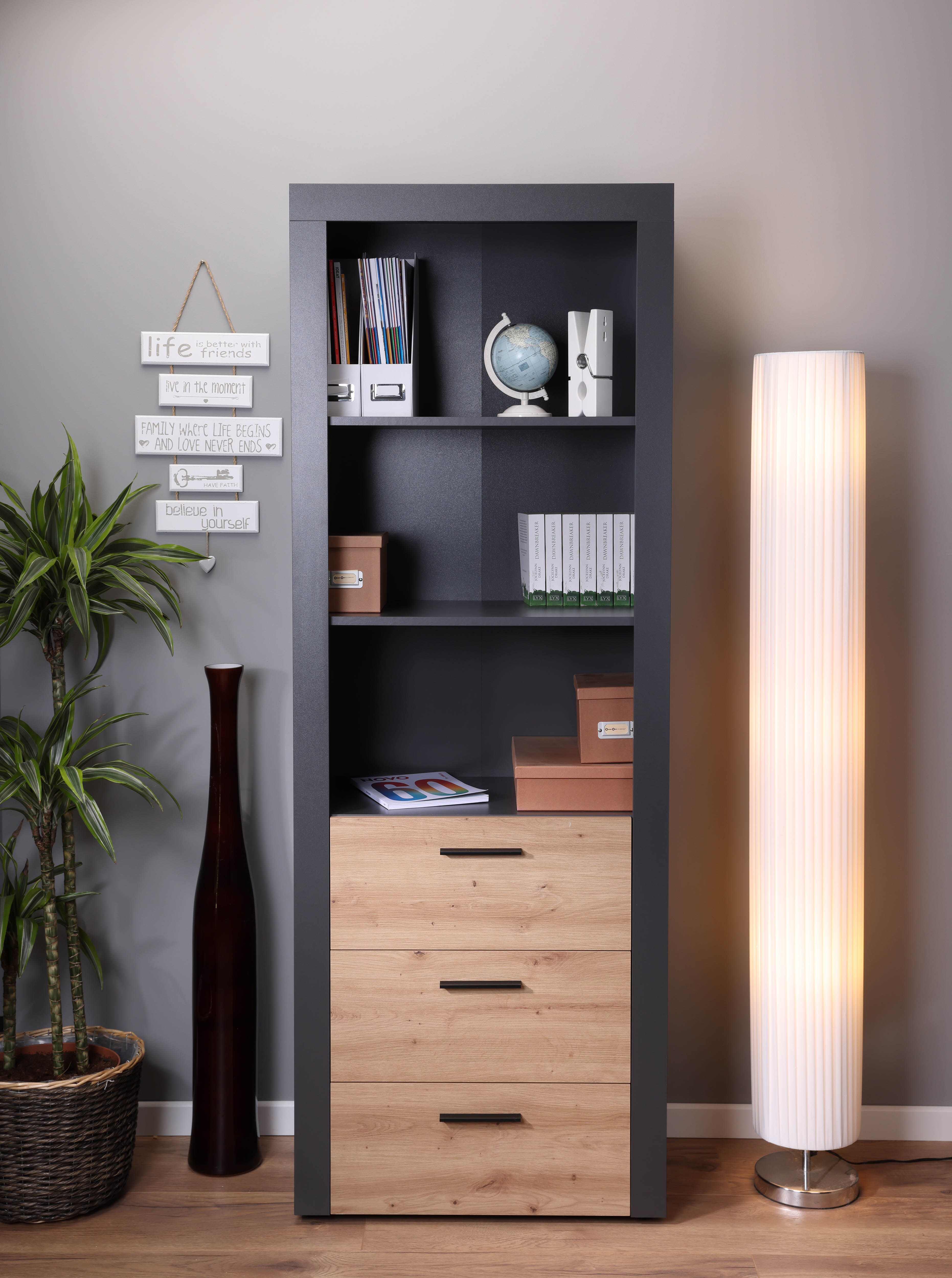 Inter Link Standregal B&uuml;cherregal Corbeto - Anthrazit und Eiche Artisan Nachbildung 