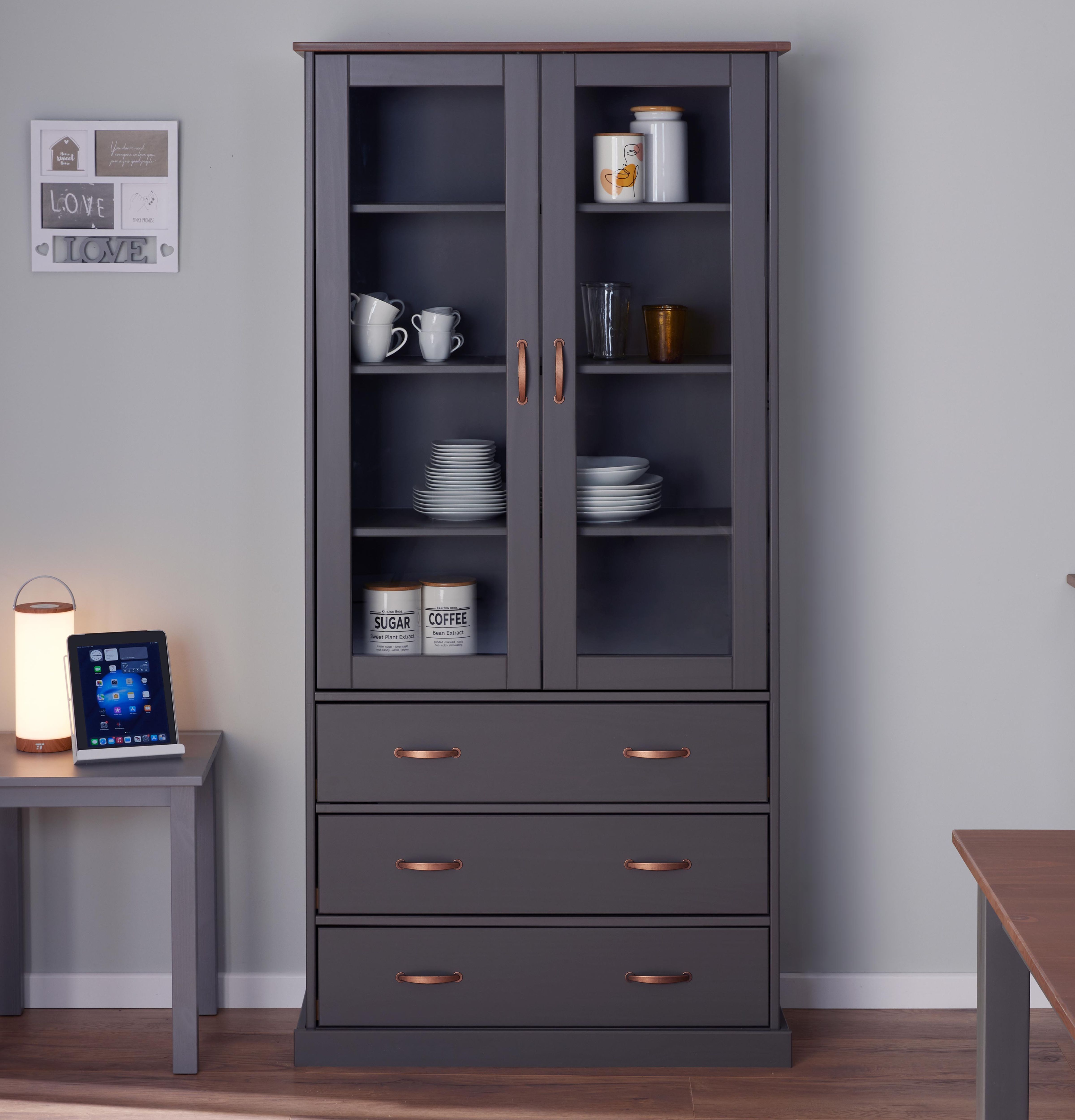 Inter Link FSC Vitrine Westerland mit 3 Schubladen und 2 Glast&uuml;ren - Kiefer Massivholz - Grau 