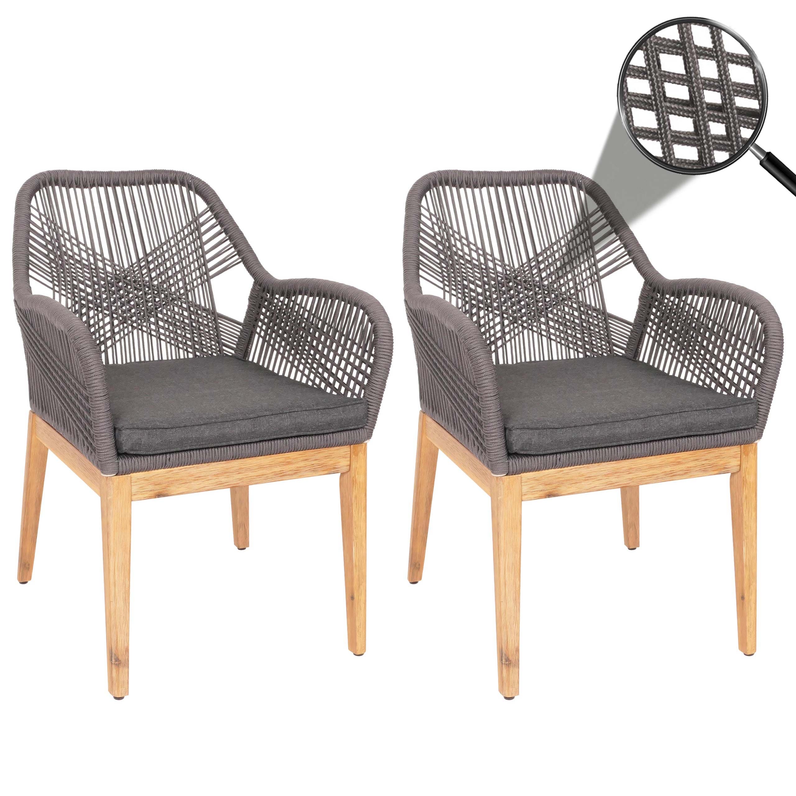 2er-Set Gartenstuhl MCW-H56b, Sessel Outdoor Stuhl, wetterfest Seilgeflecht Holz Akazie ~ grau Kissen anthrazit 