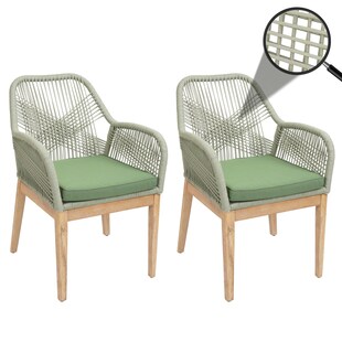 2er-Set Gartenstuhl MCW-H56b, Sessel Outdoor, wetterfest Seilgeflecht Rope Holz Akazie ~ grün Kissen grün 