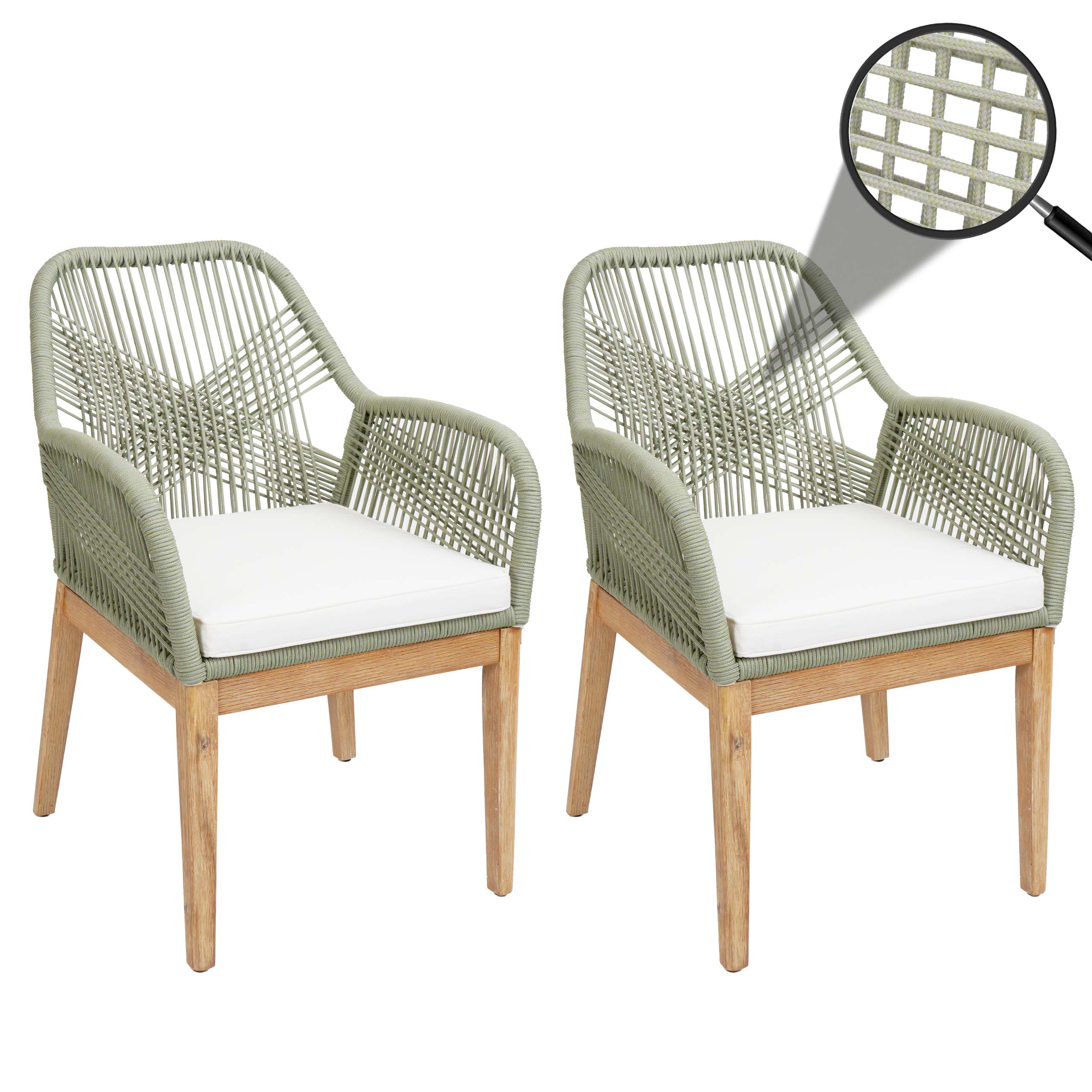 2er-Set Gartenstuhl MCW-H56b, Sessel Outdoor, wetterfest Seilgeflecht Rope Holz Akazie ~ gr&uuml;n Kissen creme 