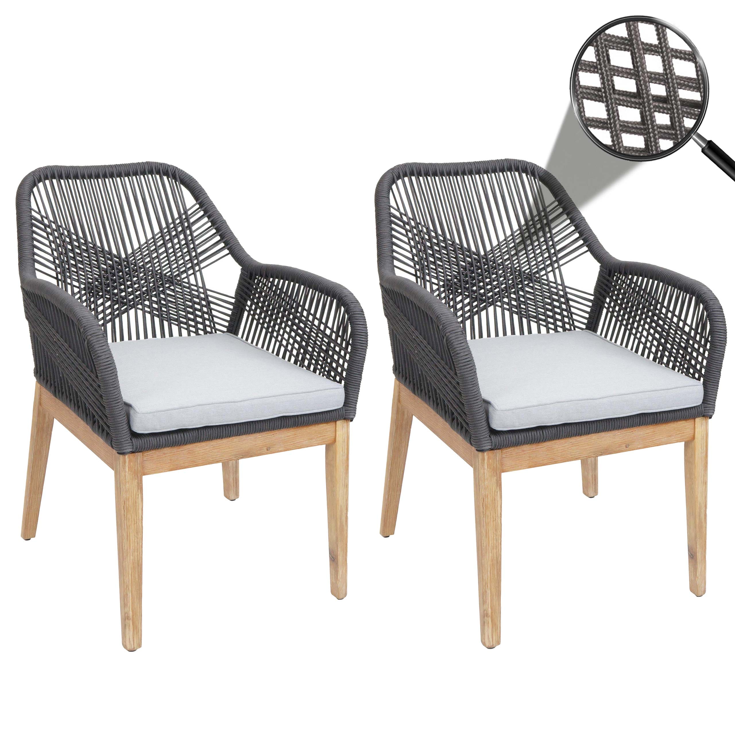 2er-Set Gartenstuhl MCW-H56b, Sessel Outdoor, wetterfest Seilgeflecht Rope Holz Akazie ~ dunkelgrau Kissen hellgrau 