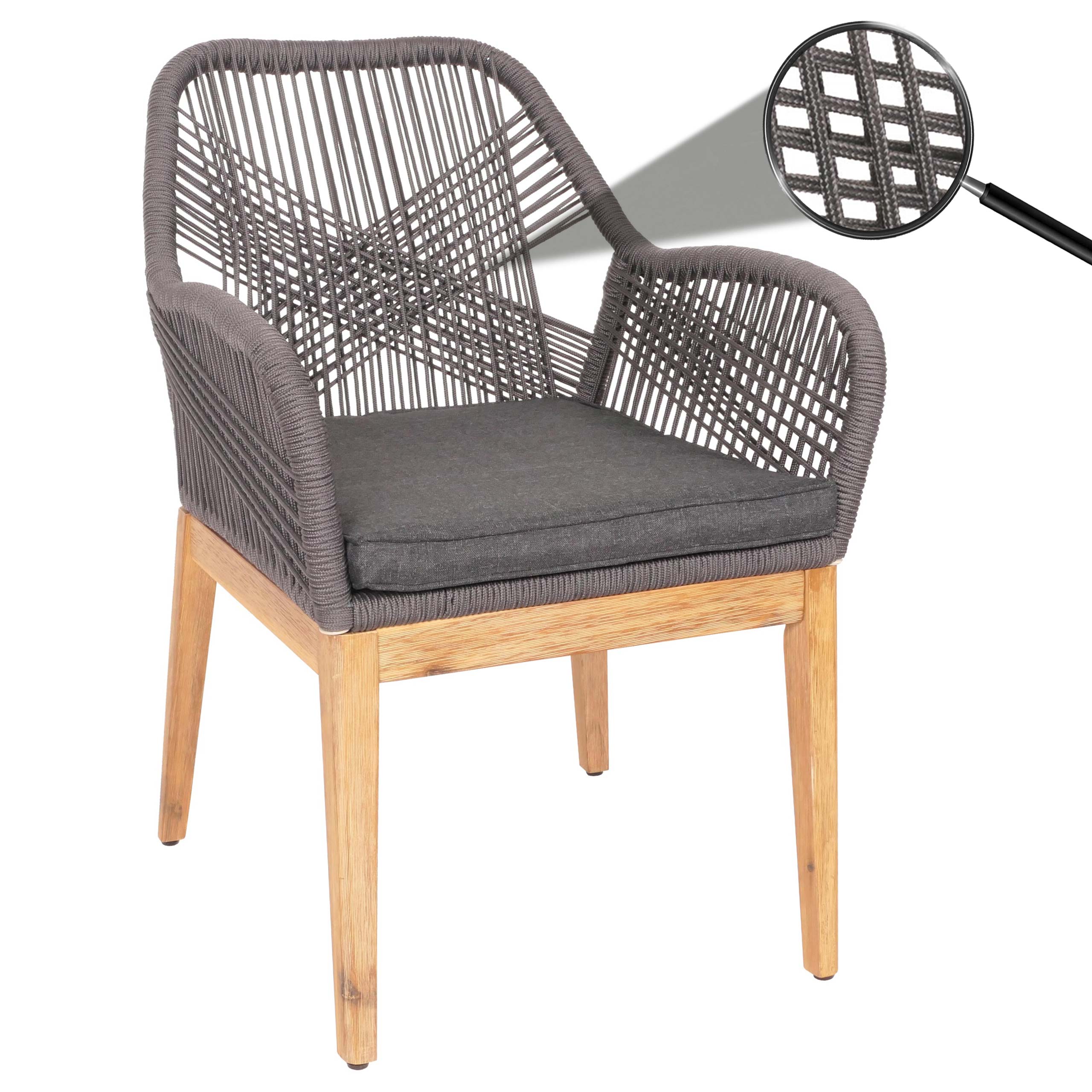 Gartenstuhl MCW-H56b, Sessel Outdoor Stuhl, wetterfest Seilgeflecht Rope Holz Akazie ~ grau Kissen anthrazit 