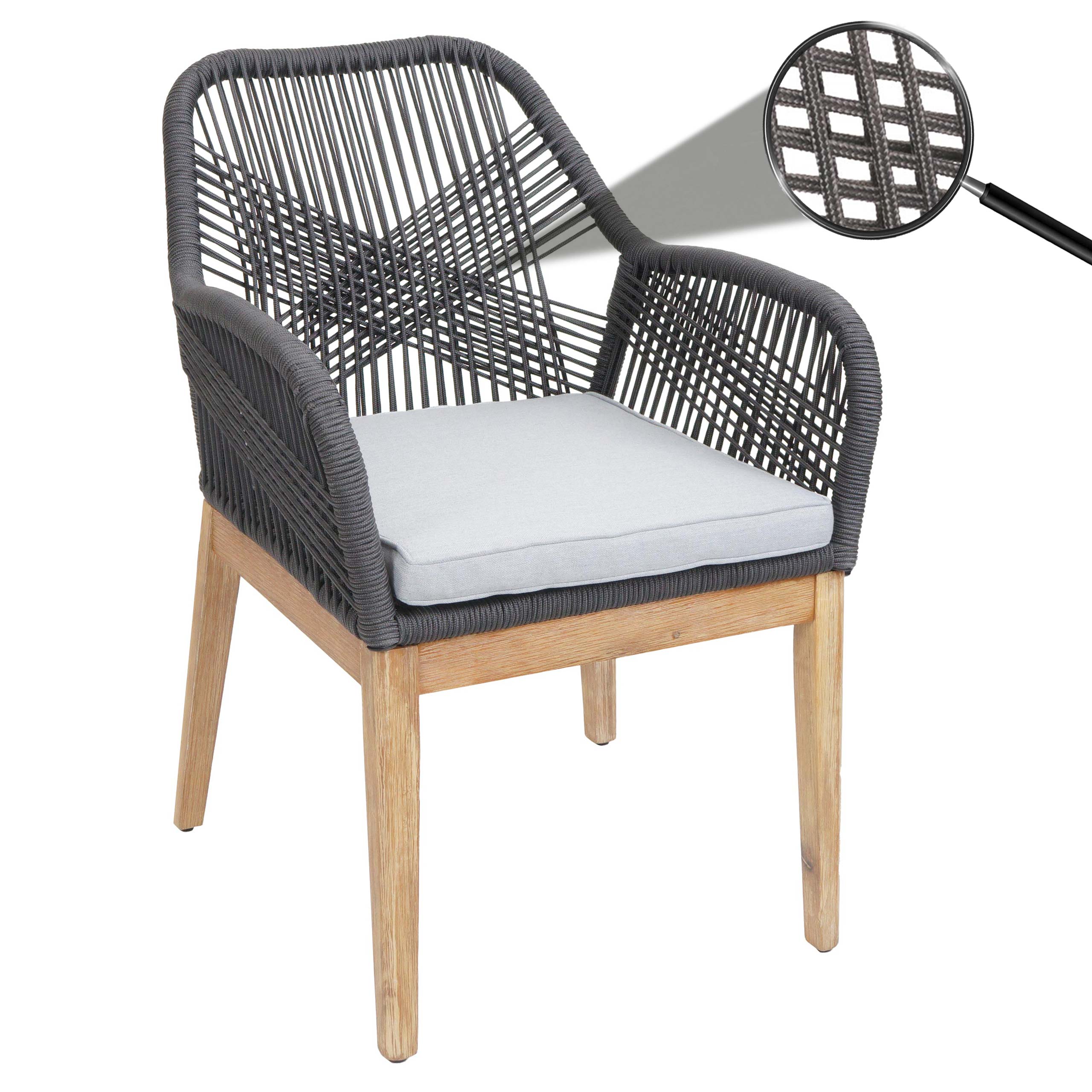 Gartenstuhl MCW-H56b, Sessel Outdoor Stuhl, wetterfest Seilgeflecht Rope Holz Akazie ~ dunkelgrau Kissen hellgrau 