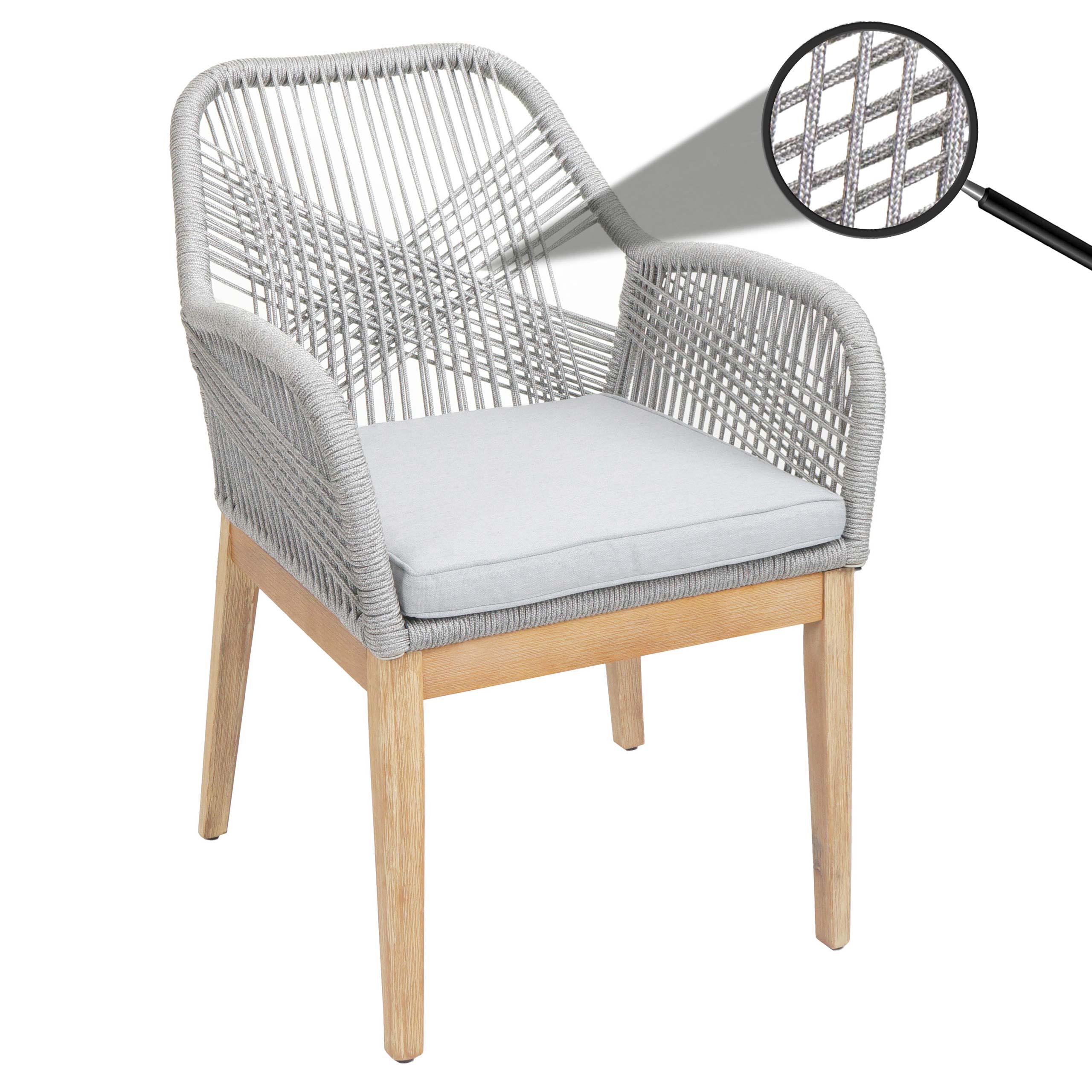 Gartenstuhl MCW-H56b, Sessel Outdoor Stuhl, wetterfest Seilgeflecht Rope Holz Akazie ~ hellgrau Kissen hellgrau 