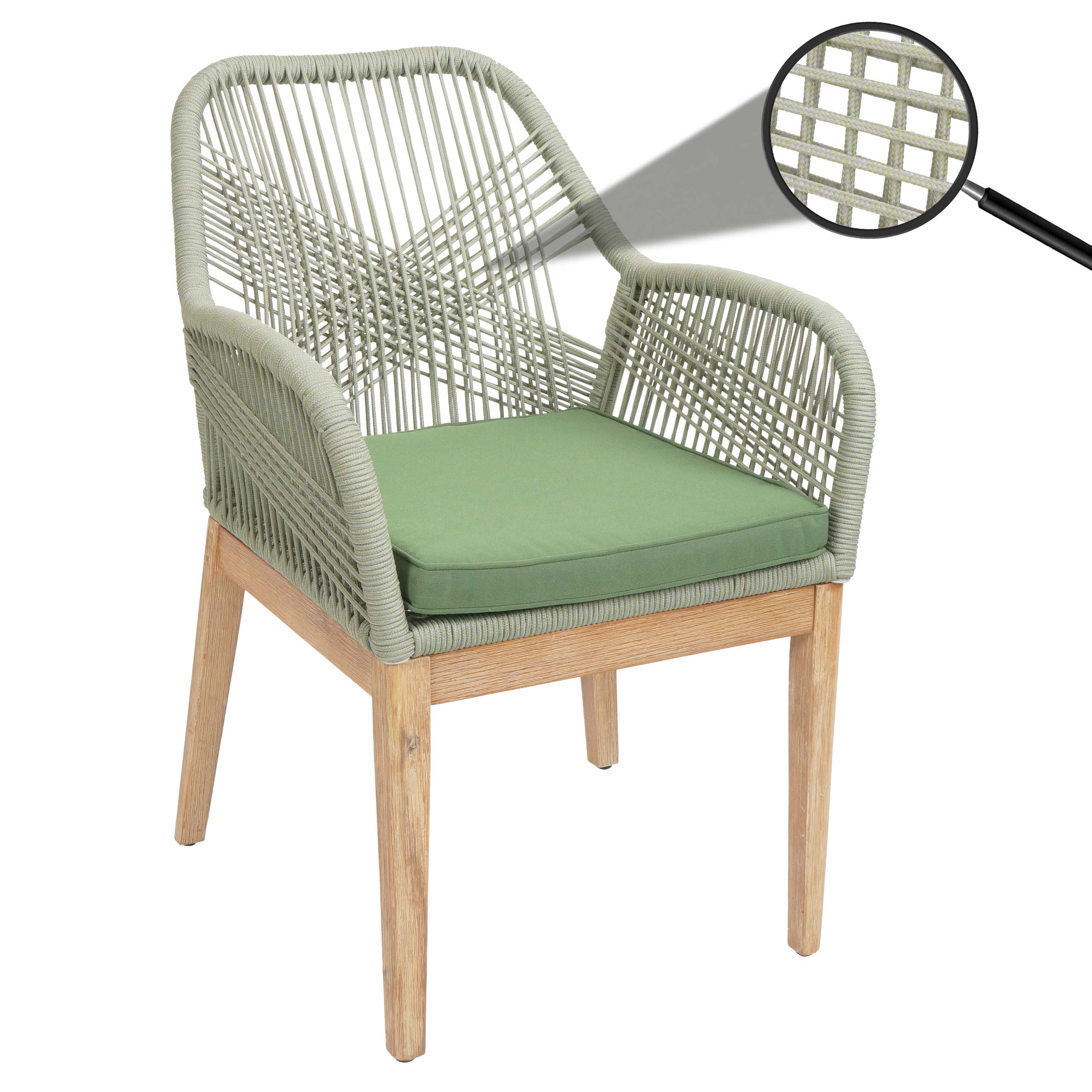 Gartenstuhl MCW-H56b, Sessel Outdoor Stuhl, wetterfest Seilgeflecht Rope Holz Akazie ~ gr&uuml;n Kissen gr&uuml;n 