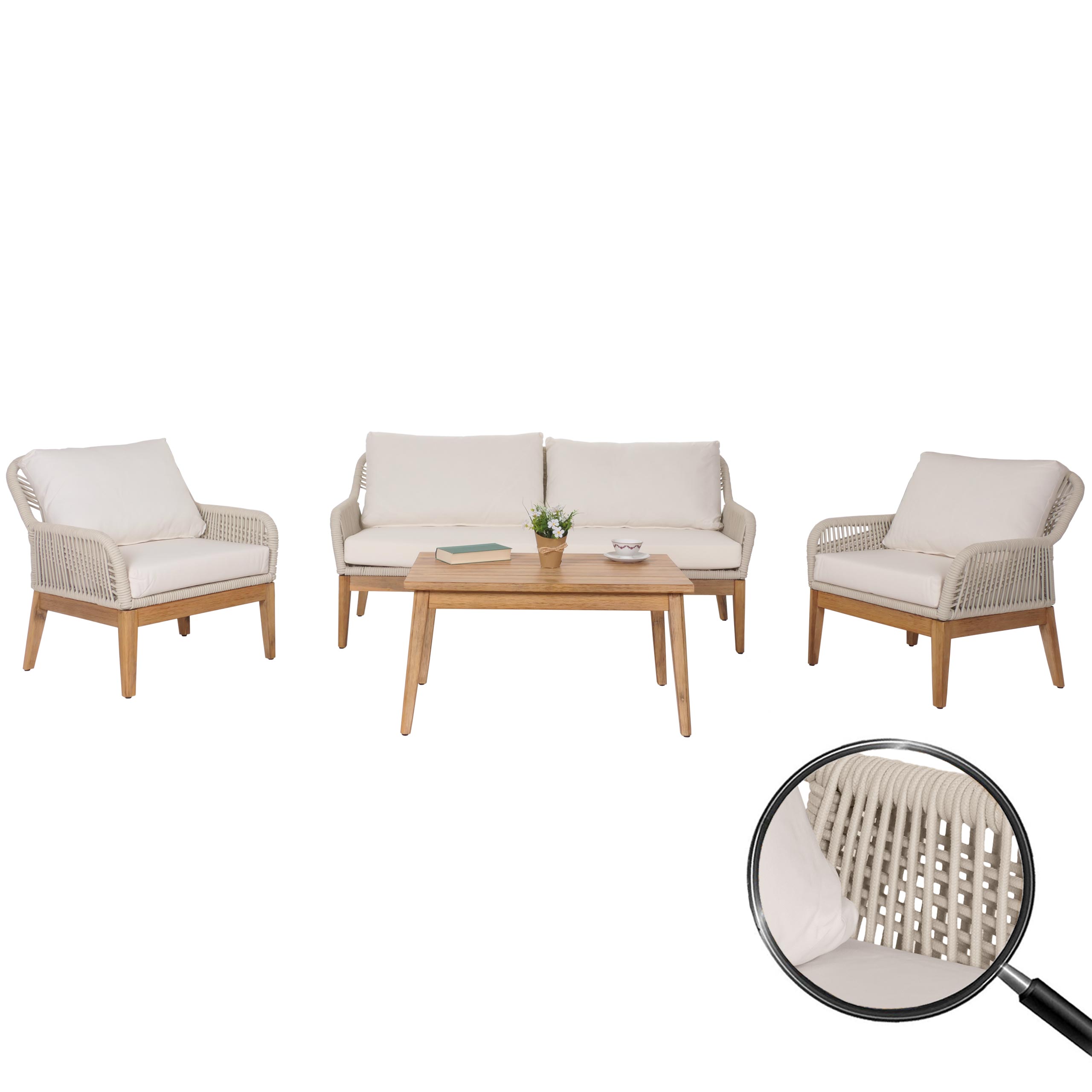 Gartengarnitur MCW-H56b, Lounge-Set Gartenlounge Sofa Sessel Tisch, Seilgeflecht Rope Holz Akazie ~ creme 