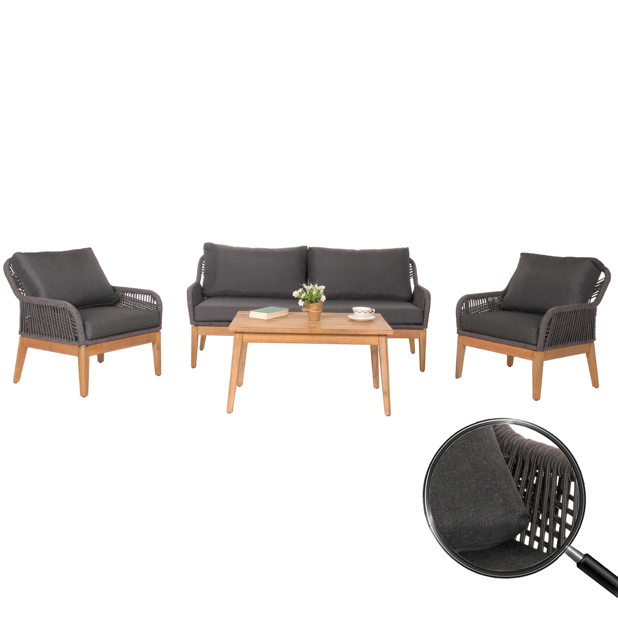 Gartengarnitur MCW-H56b, Lounge-Set Gartenlounge Sofa Sessel Tisch, Seilgeflecht Rope Holz Akazie ~ dunkelgrau 