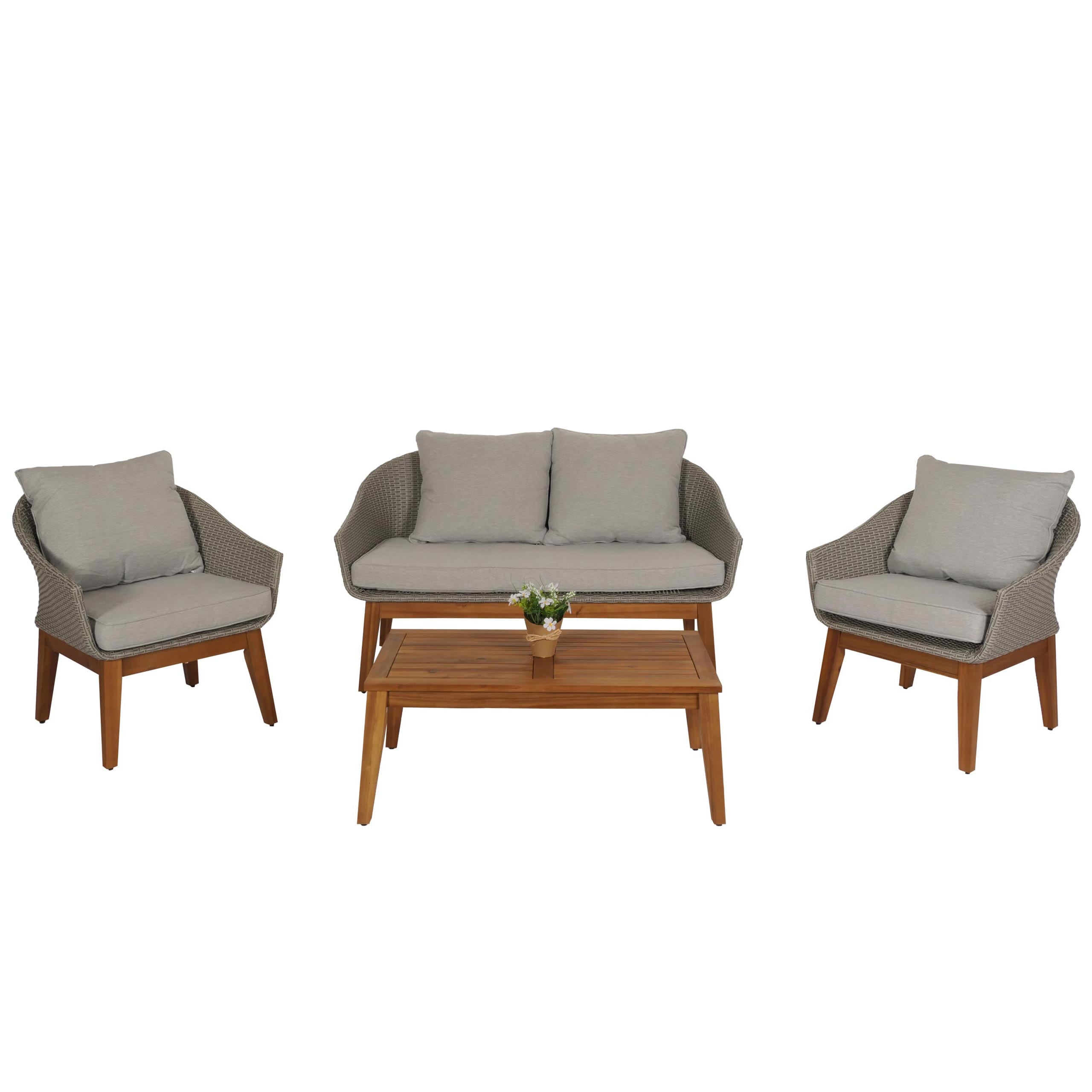 Gartengarnitur MCW-N37, Garten-/Lounge-Set Sofa Sitzgruppe, Poly-Rattan Holz Akazie ~ grau, Kissen hellgrau 