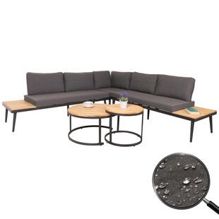 Garten-Garnitur MCW-H54c, Lounge-Set, Beistelltisch Spun Poly Akazie Holz Stahl ~ hellbraun, Kissen dunkelgrau 