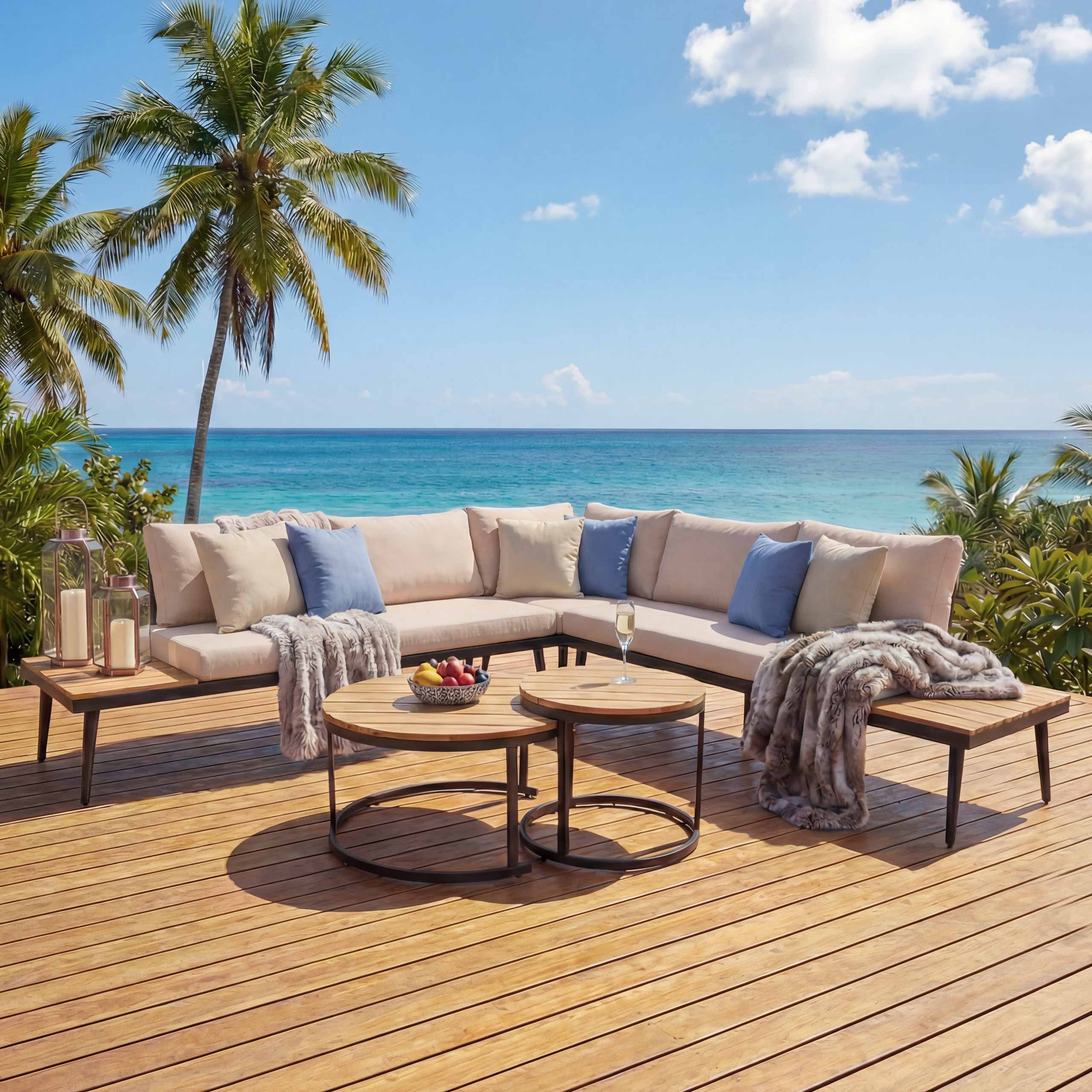 Garten-Garnitur MCW-H54c, Lounge-Set, Beistelltisch Spun Poly Akazie Holz Stahl ~ hellbraun, Kissen beige 