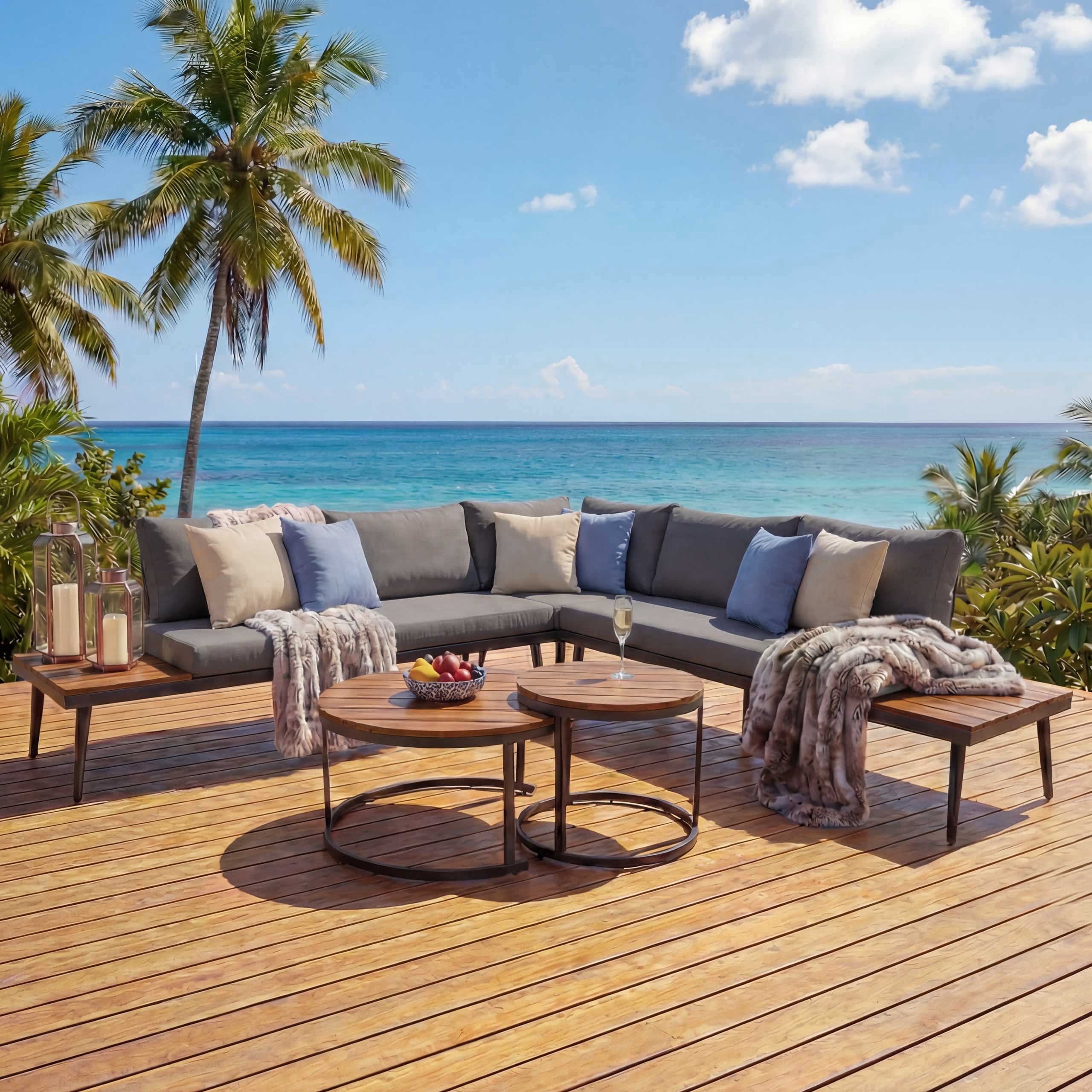 Garten-Garnitur MCW-H54c, Lounge-Set, Beistelltisch Spun Poly Akazie Holz Stahl ~ braun, Kissen dunkelgrau 