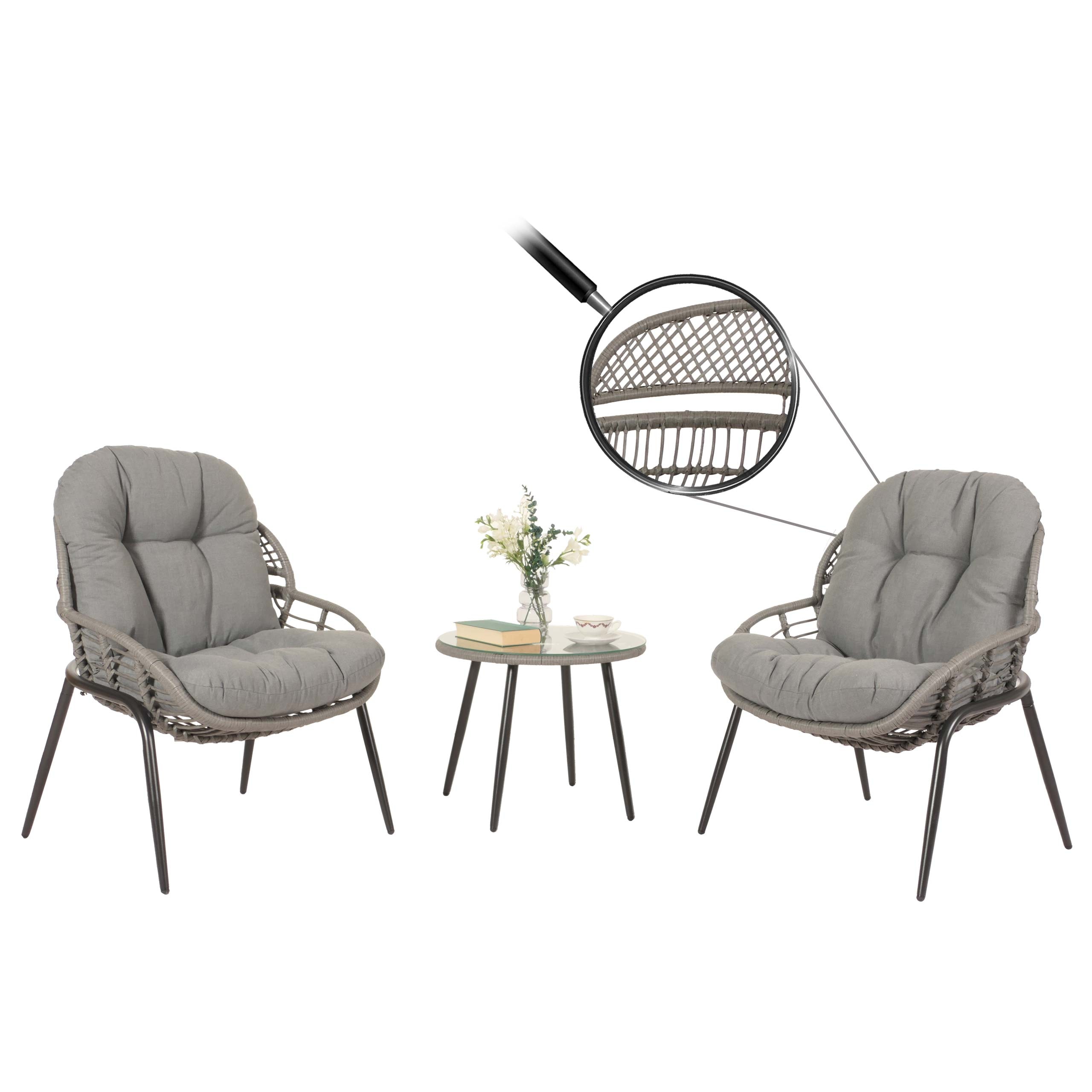 Poly-Rattan Garnitur MCW-N33, Balkon-Set Gartengarnitur Sitzgruppe Stuhl Beistelltisch ~ grau, Polster dunkelgrau 