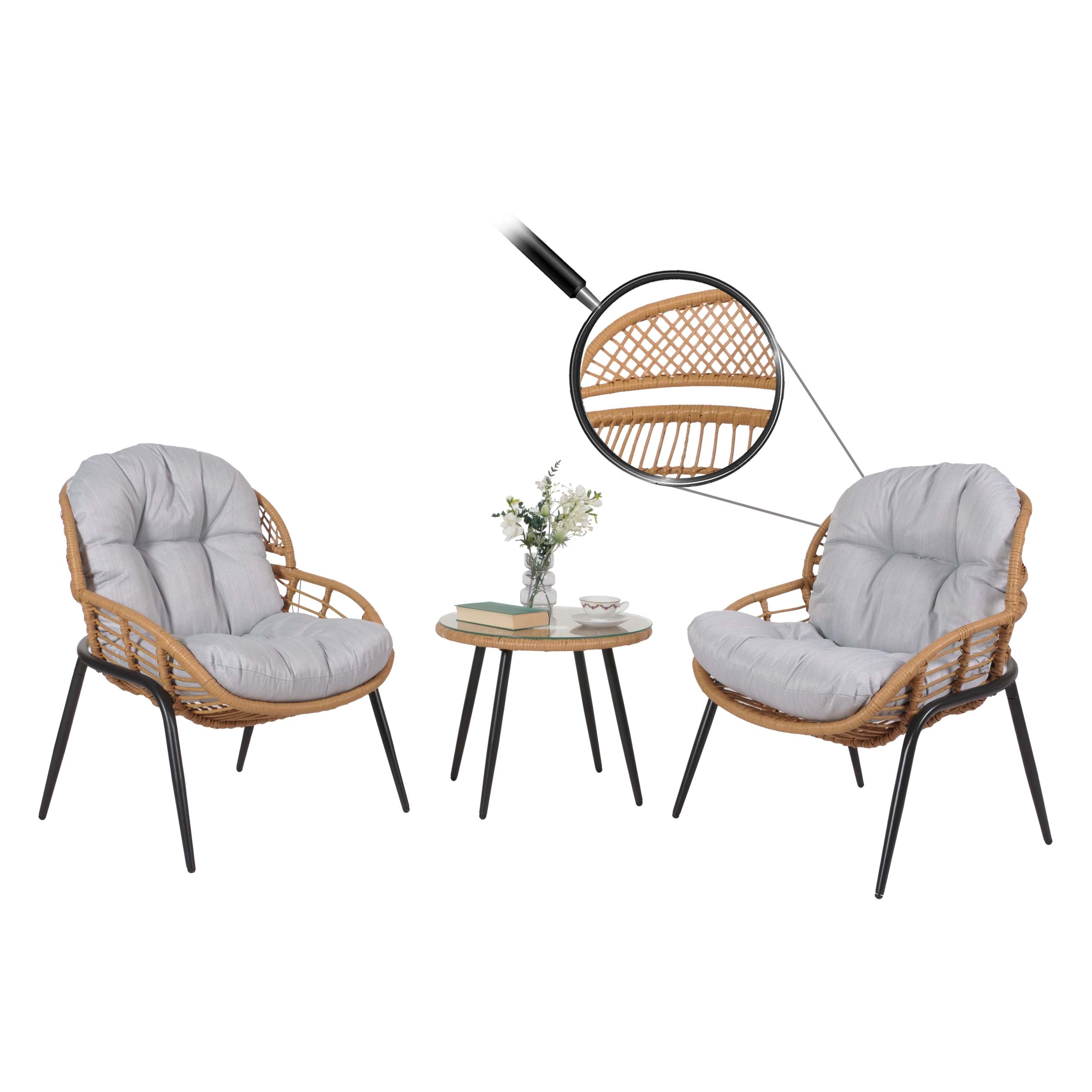 Poly-Rattan Garnitur MCW-N33, Balkon-Set Gartengarnitur Sitzgruppe Stuhl Beistelltisch ~ naturfarben, Polster hellgrau 