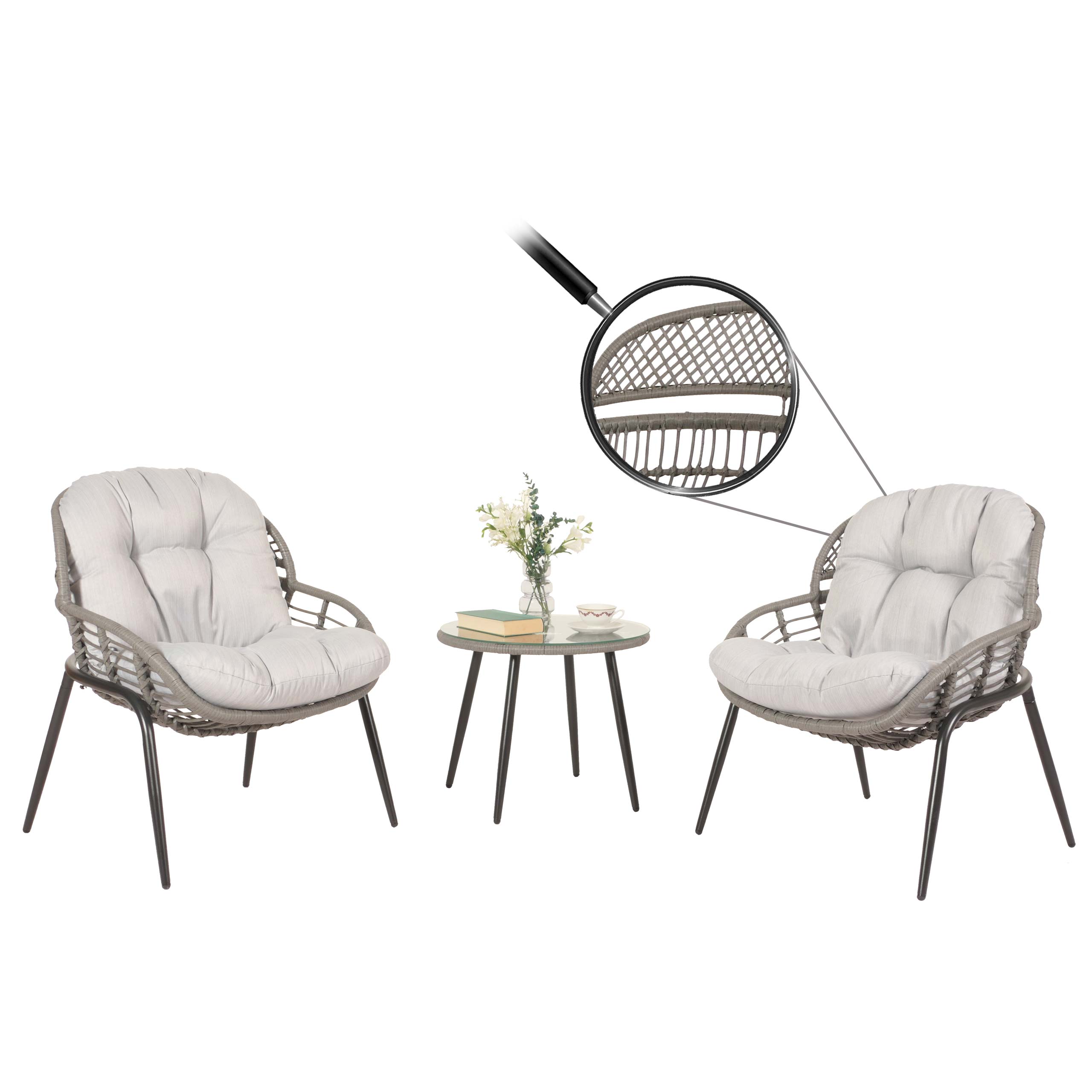 Poly-Rattan Garnitur MCW-N33, Balkon-Set Gartengarnitur Sitzgruppe Stuhl Beistelltisch ~ grau, Polster hellgrau 
