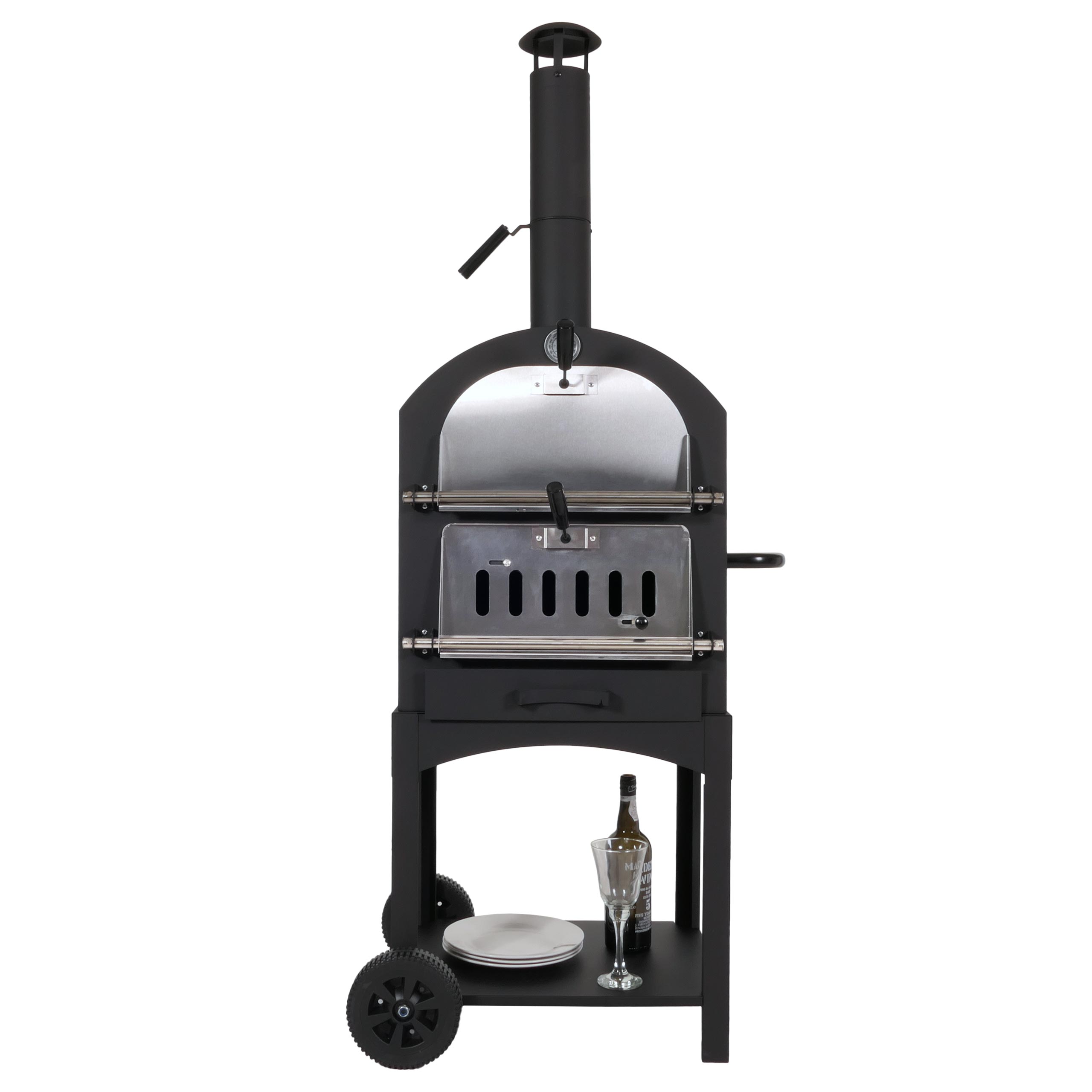 Holzkohlegrill MCW-N15, Pizzaofen Kaminofen, Grillrost Holzkohlerost Pizzastein, Stahl schwarz hochtemperaturlackiert 