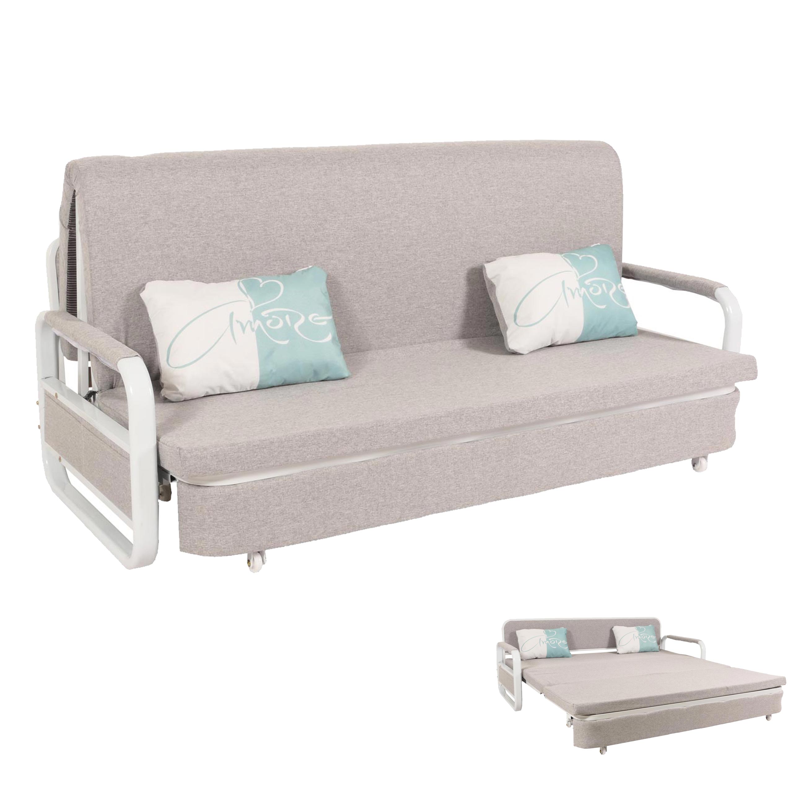 Schlafsofa MCW-M83, Schlafcouch Couch Sofa, Schlaffunktion Bettkasten Liegefl&auml;che, 190x185cm ~ Stoff/Textil hellgrau 