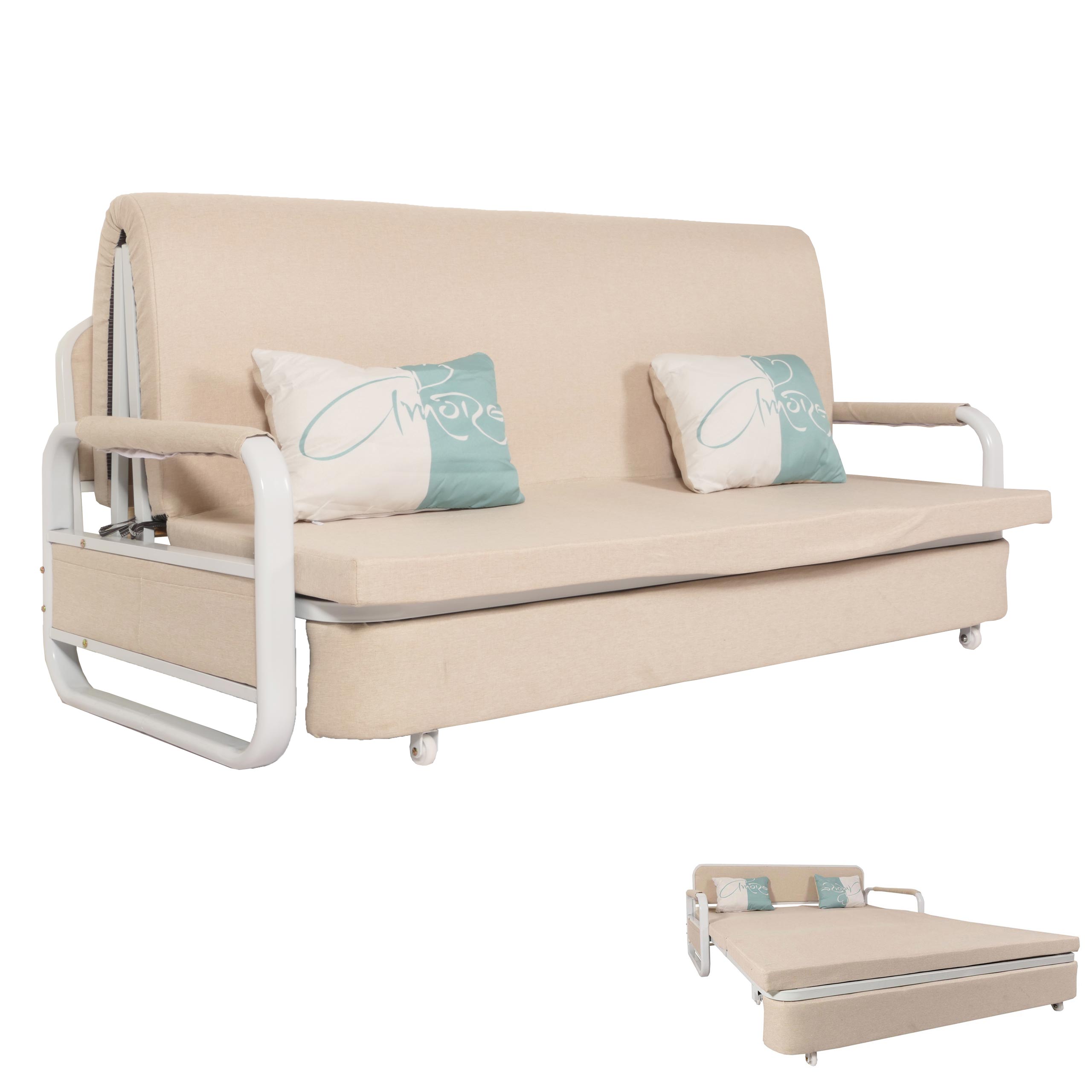 Schlafsofa MCW-M83, Schlafcouch Couch Sofa, Schlaffunktion Bettkasten Liegefl&auml;che, 190x185cm ~ Stoff/Textil beige 