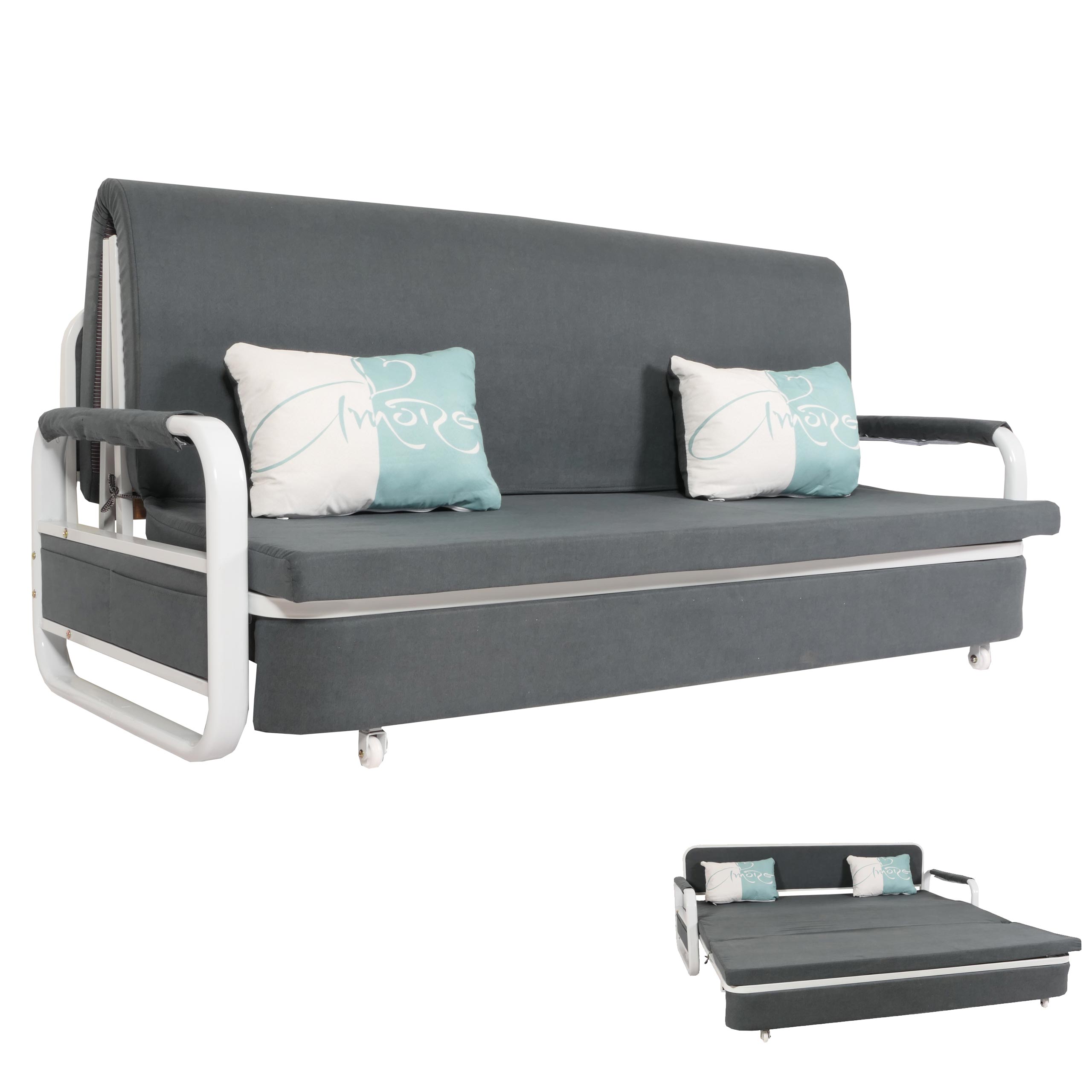 Schlafsofa MCW-M83, Schlafcouch Couch Sofa, Schlaffunktion Bettkasten Liegefl&auml;che, 190x185cm ~ Stoff/Textil dunkelgrau 