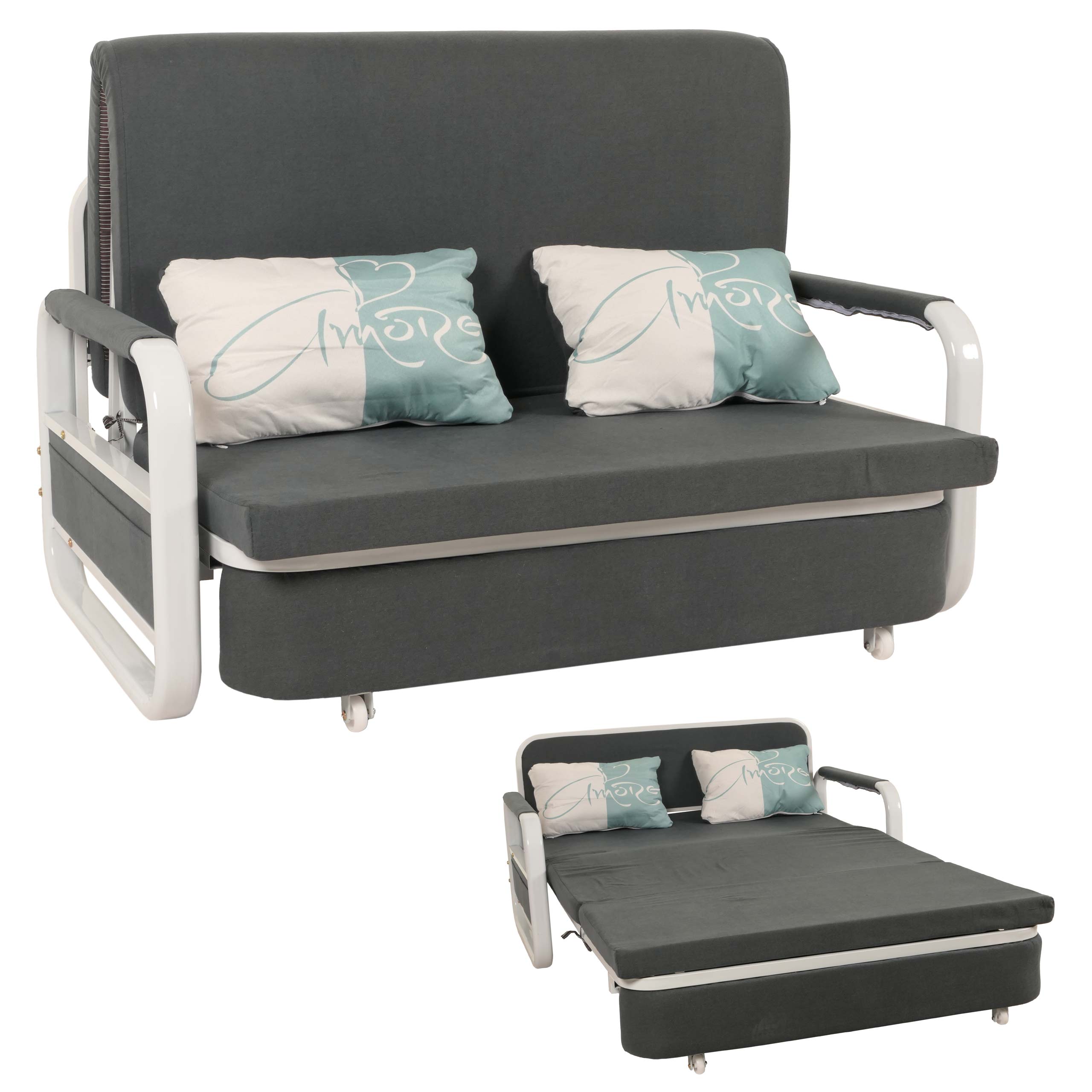 Schlafsofa MCW-M83, Schlafcouch Couch Sofa, Schlaffunktion Bettkasten Liegefl&auml;che, 130x185cm ~ Stoff/Textil dunkelgrau 