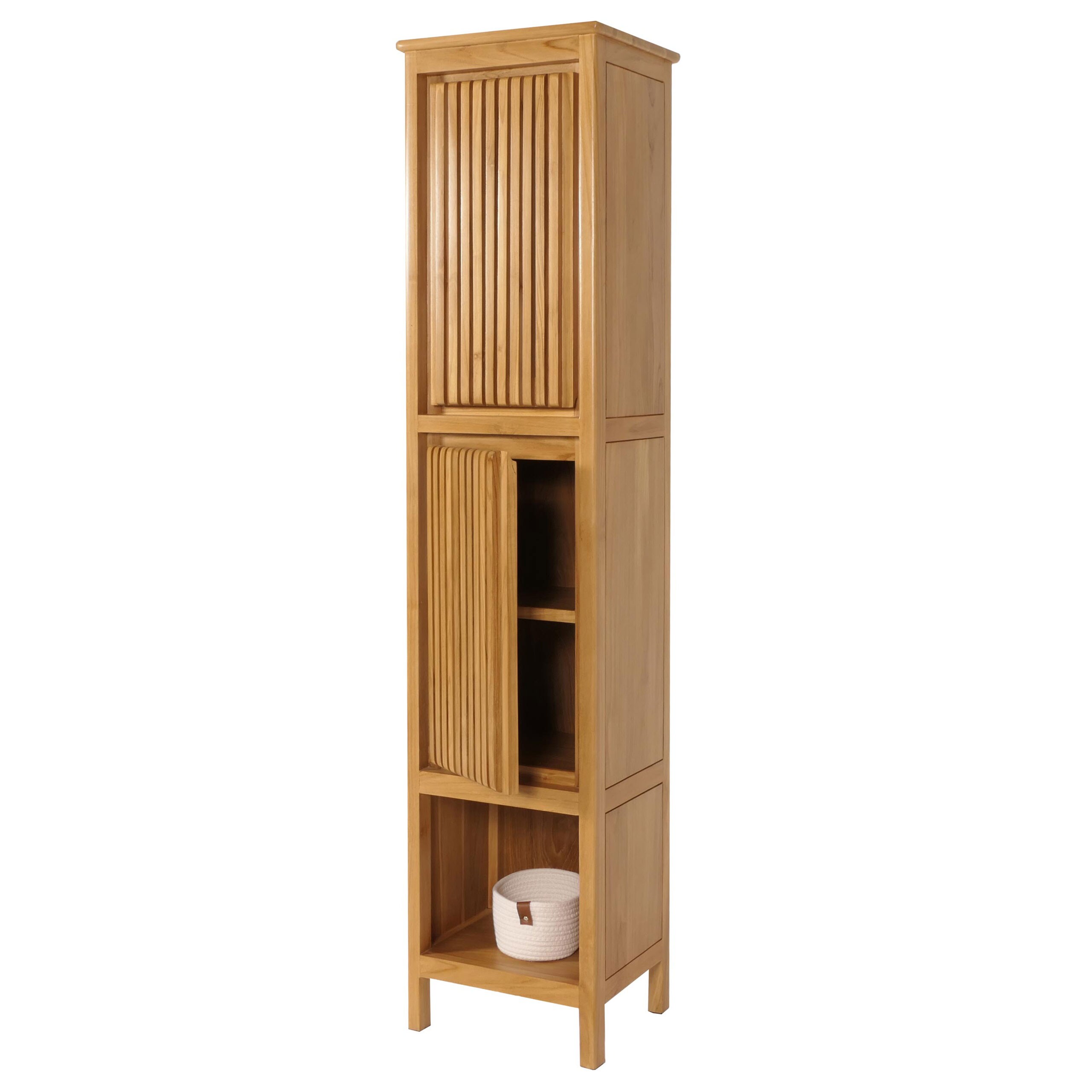 Teak-Hochschrank MCW-M70, Badschrank, 2 T&uuml;ren 5 F&auml;cher, hochwertiges B-Grade-Teak (Kernholz, 20-30 Jahre) 181x41x35cm 
